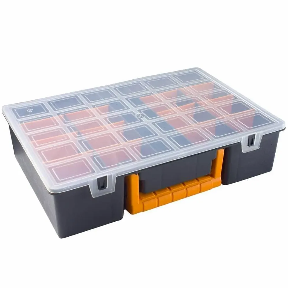 Valigetta assortita, 2 pezzi, con divisori rimovibili, 360 x 250 x 85 mm, in polipropilene, per officina, garage, trasporto con coperchio trasparente e pratica maniglia