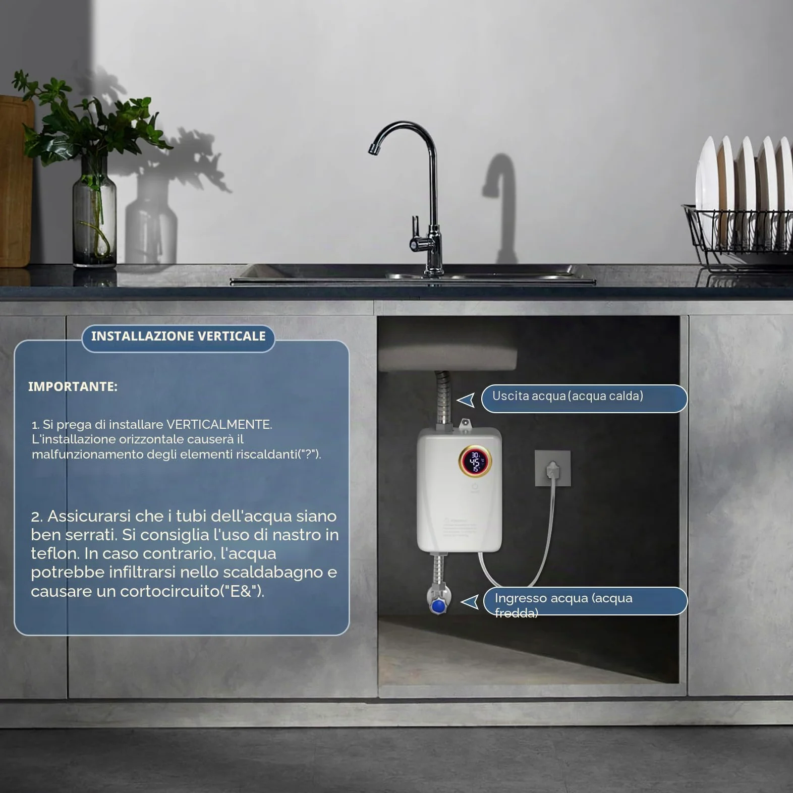 Mini scaldabagno istantaneo, 3500 W, 220 V, mini scaldabagno elettrico con indicatore di temperatura a LED, scaldabagno elettronico per doccia, bagno, cucina