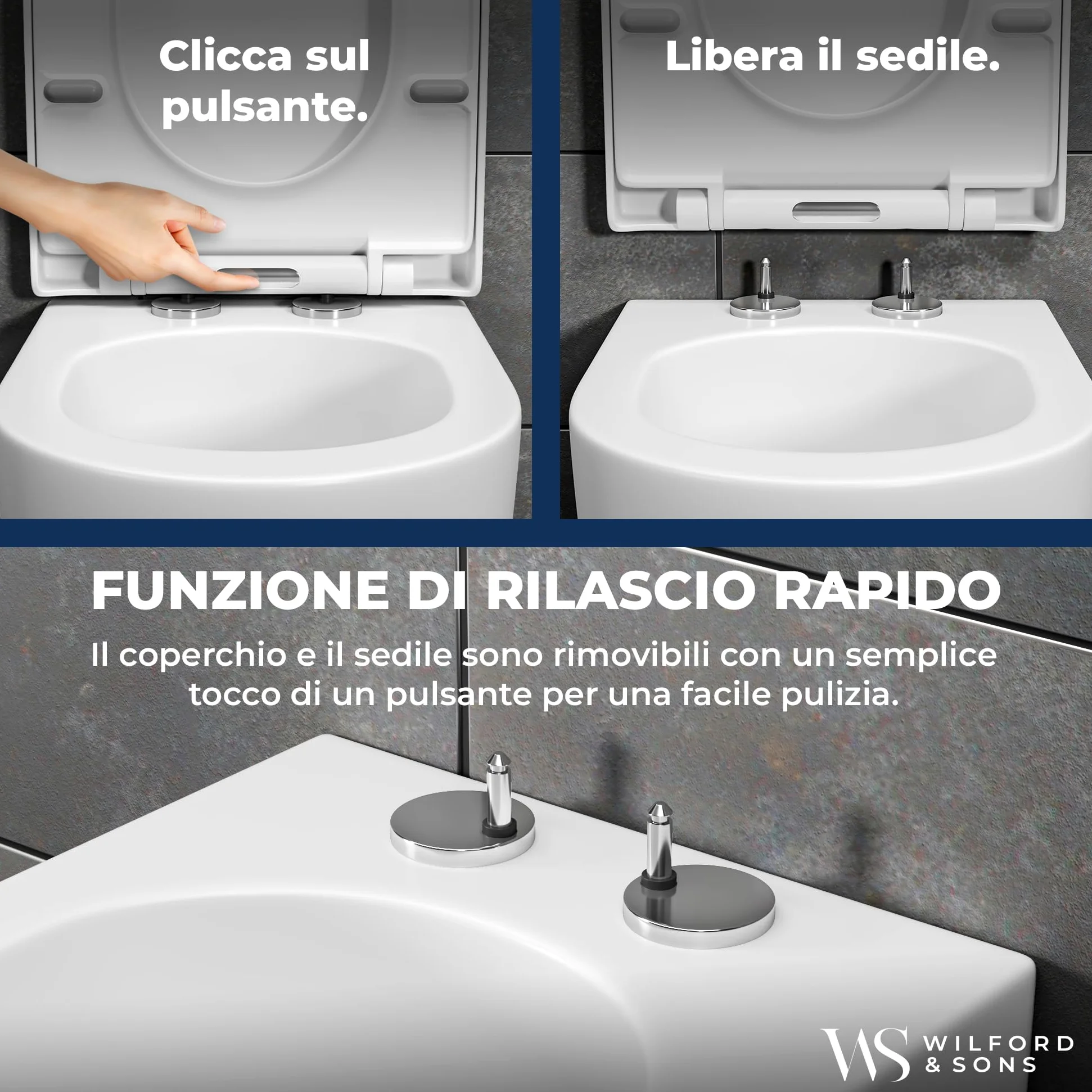 Wilford & Sons PREMIUM Coperchio del WC - Sedile WC con Chiusura Ammortizzata - Copriwater D-Form Bianco - Sedile del water di alta qualità - Sedile WC removibile - Sedile per toilette in Duroplast