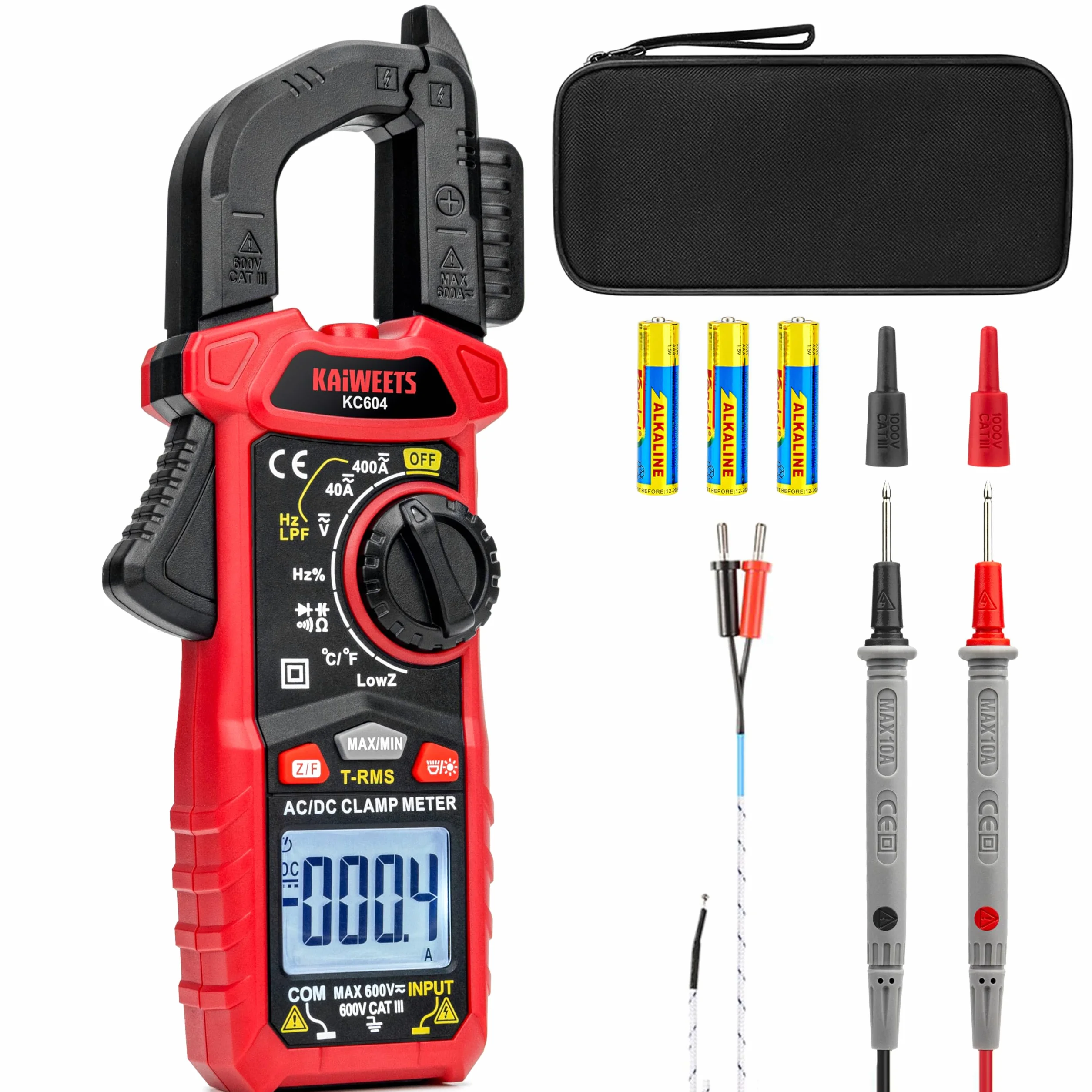 KAIWEETS Pinza Amperometrica AC/DC, Multimetro Pinza per Misurare Tensione/Corrente CC CA, Temperatura, Continuità, NCV, Diodo, Torcia, Retroilluminazione, Ganascia a D, KC604