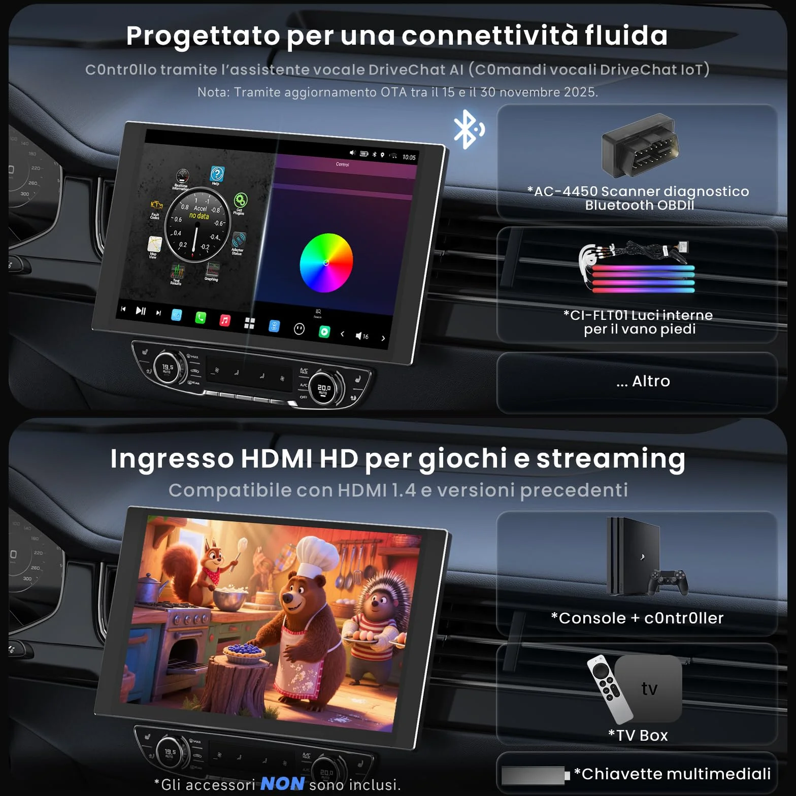 [12.5" QLED con LED laterali] ATOTOZONE X10 Autoradio Android, Display Flottante, Single/Double DIN, DVR Dual-Cam, AI Vision, LiveView da remoto, Audio 7.1.2, RCA 4V, HDMI IN, 8G+128G, 4G LTE