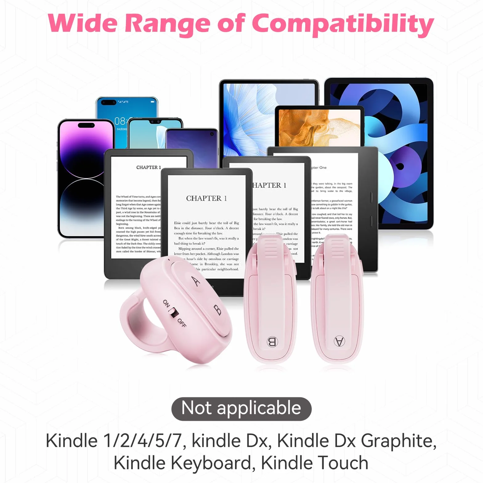 Telecomando per girare pagine per Kindle Paperwhite Turner eReader: scatto remoto della fotocamera, Kindle Clicker Page Turner per iPad, tablet Android, Surface e-book, lettura fumetti, accessori rosa