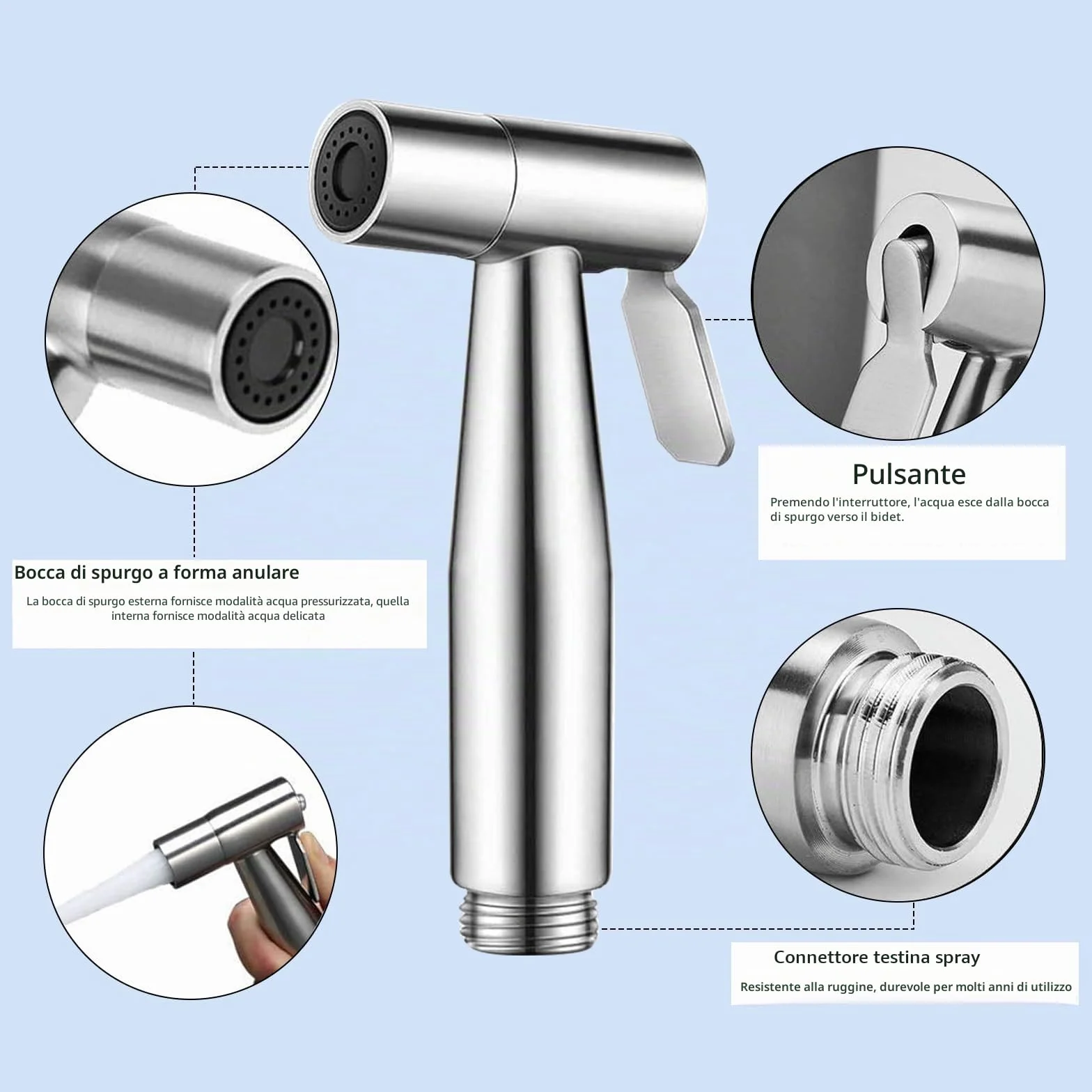 Tubo doccia telescopico 3m con set doccetta bidet, nastro adesivo per spruzzatore