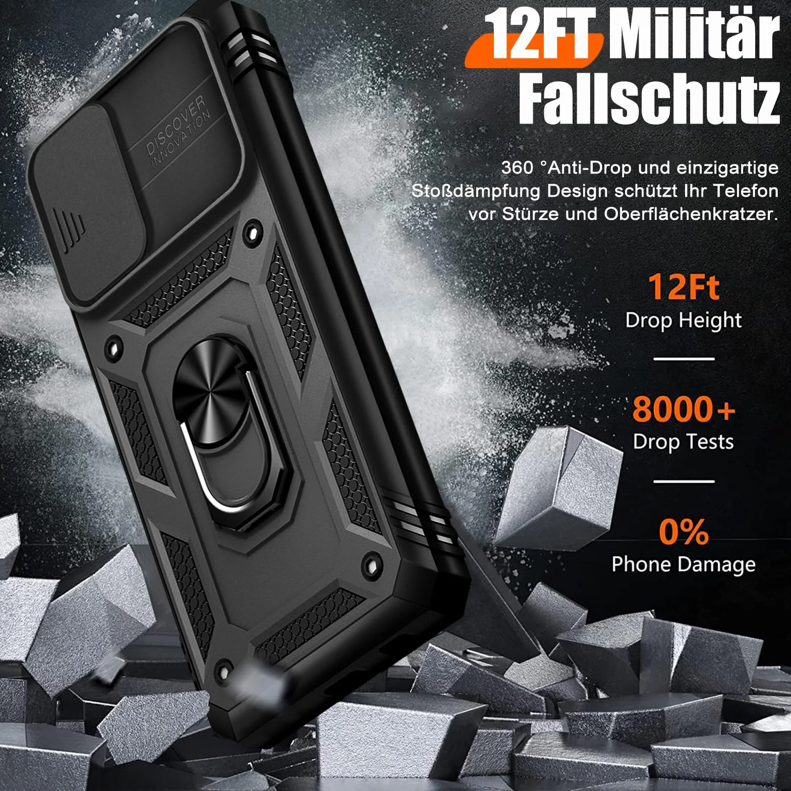 Giyer Cover per Samsung Galaxy A35 5G Custodia con Vetro Temperato, Antiurto Grado Militare 360° Anello Supporto Armor Bumper Case, Antiurto per Samsung A35 5G Cover (Nero)