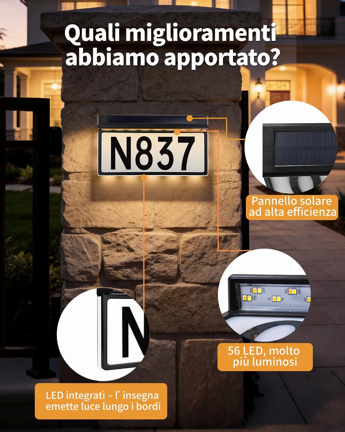 Lampada Solare per Numero Civico, 56 LED, IP65 3000K/4500K/6000K | batteria 2000mAh, montaggio a piolo o parete, include 26 lettere e 30 numeri, ideale per ingresso e giardino