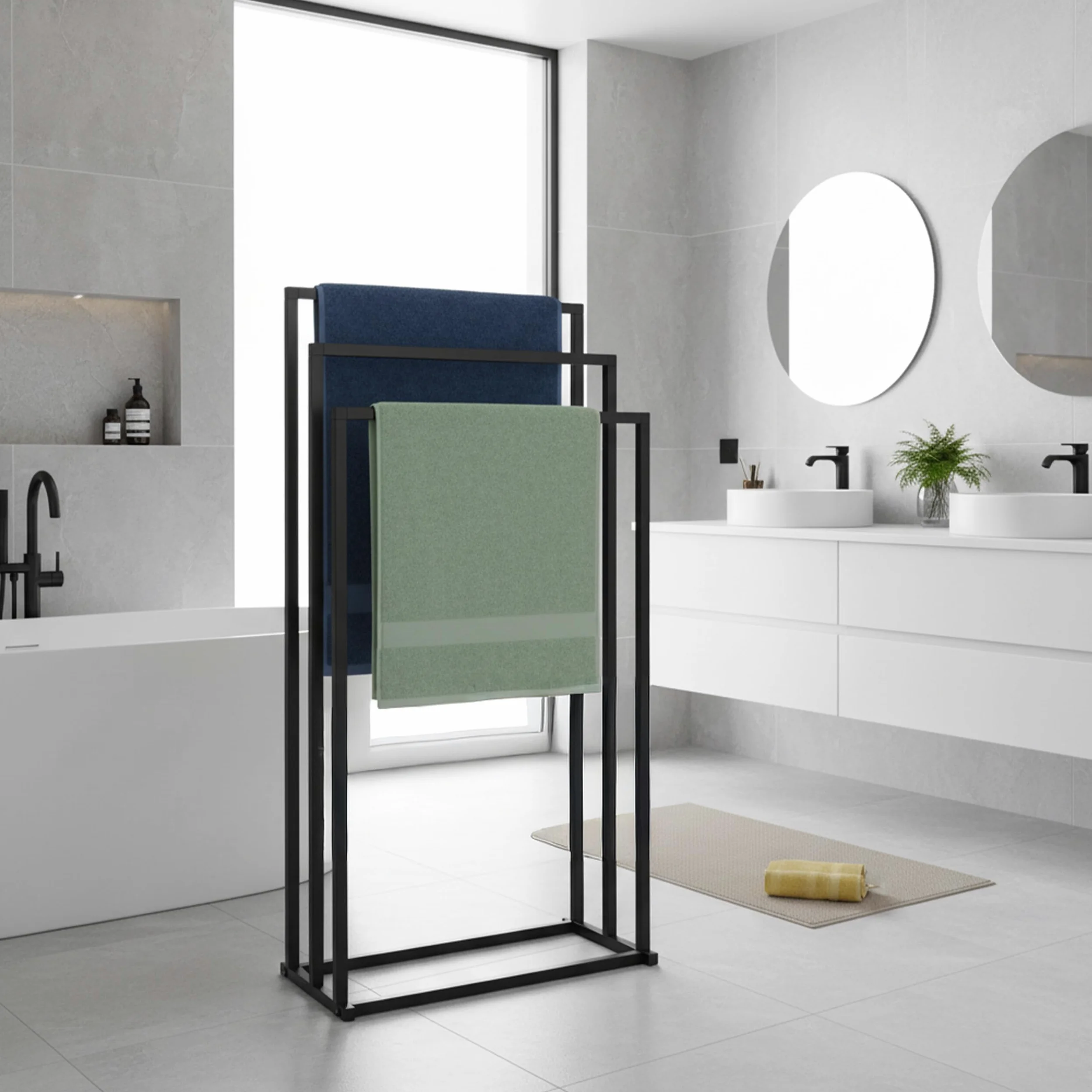 Relaxdays Portasciugamani, AxLxP: 84 x 44 x 21,5 cm, Metallo, 3 aste, da Terra, Bagno, Nero, da