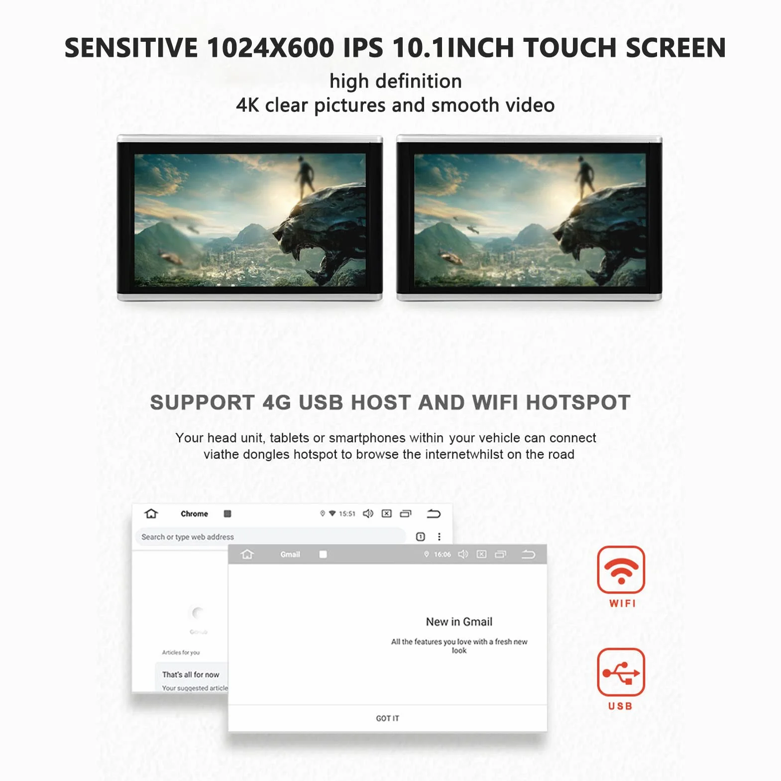 Fockety Lettore Video poggiatesta per Auto 10.1 Pollici, poggiatesta TV Touch Screen IPS Supporto 4K Trasmettitore FM Monitor per poggiatesta Monitor multimediale Digitale, MP3 MP4 WMA Avi