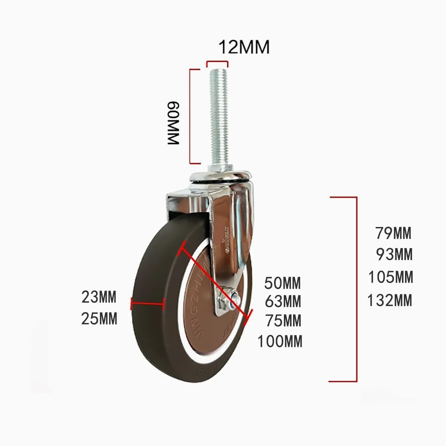 2 Pollice Silenzioso Ruote con Freno, M12*60mm Perno filettato di 4, Gomma Ruote per Mobili/Carrello, Carico 290lbs(2girevole+2con Freno,50mm)