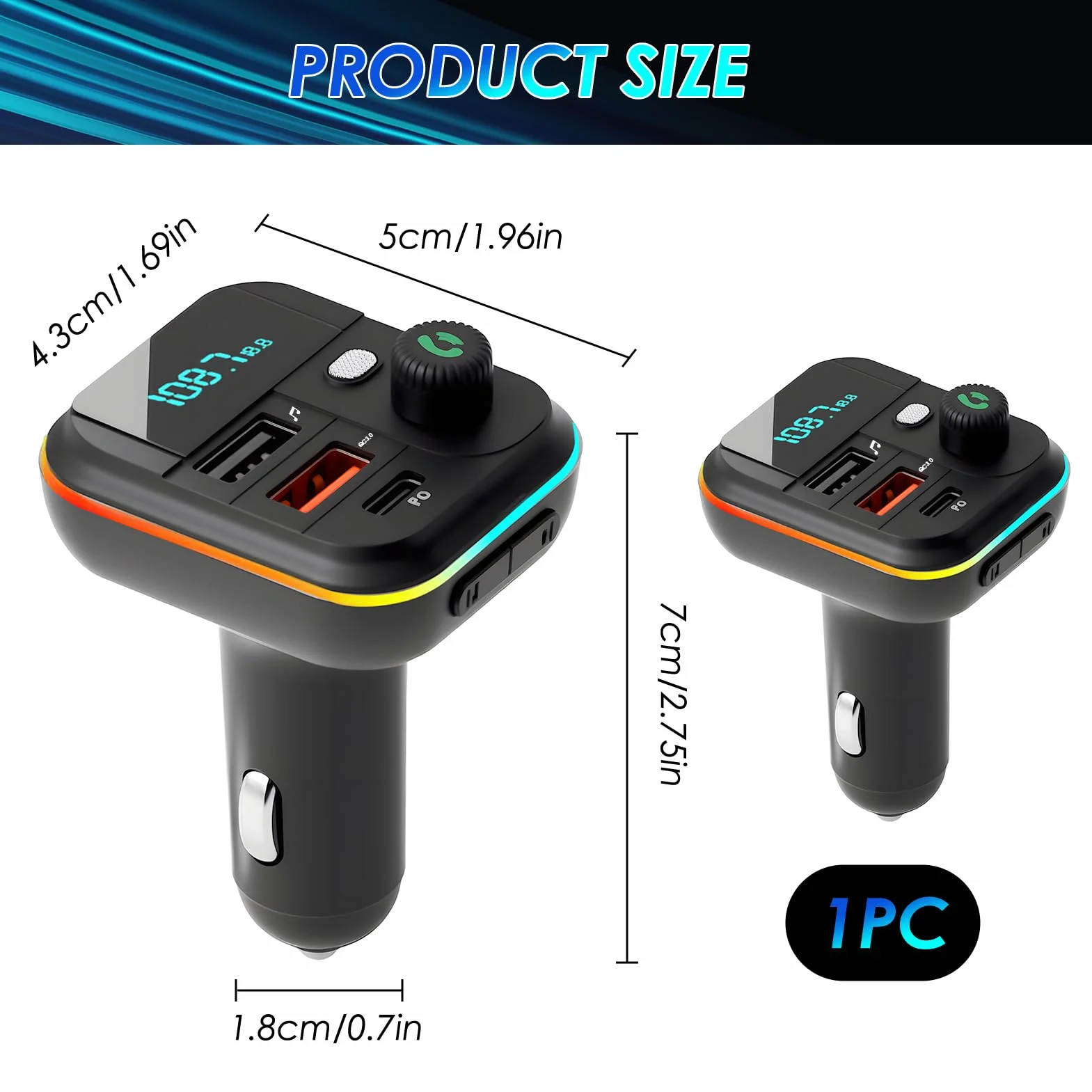 Trasmettitore FM Bluetooth Auto 5.0, Adattatore Bluetooth Audio QC3.0 Ricarica Rapida 2USB y 1PD 18W per Chiamate Vivavoce e Musica, Accendisigari con LED Display, Supporta USB e TF