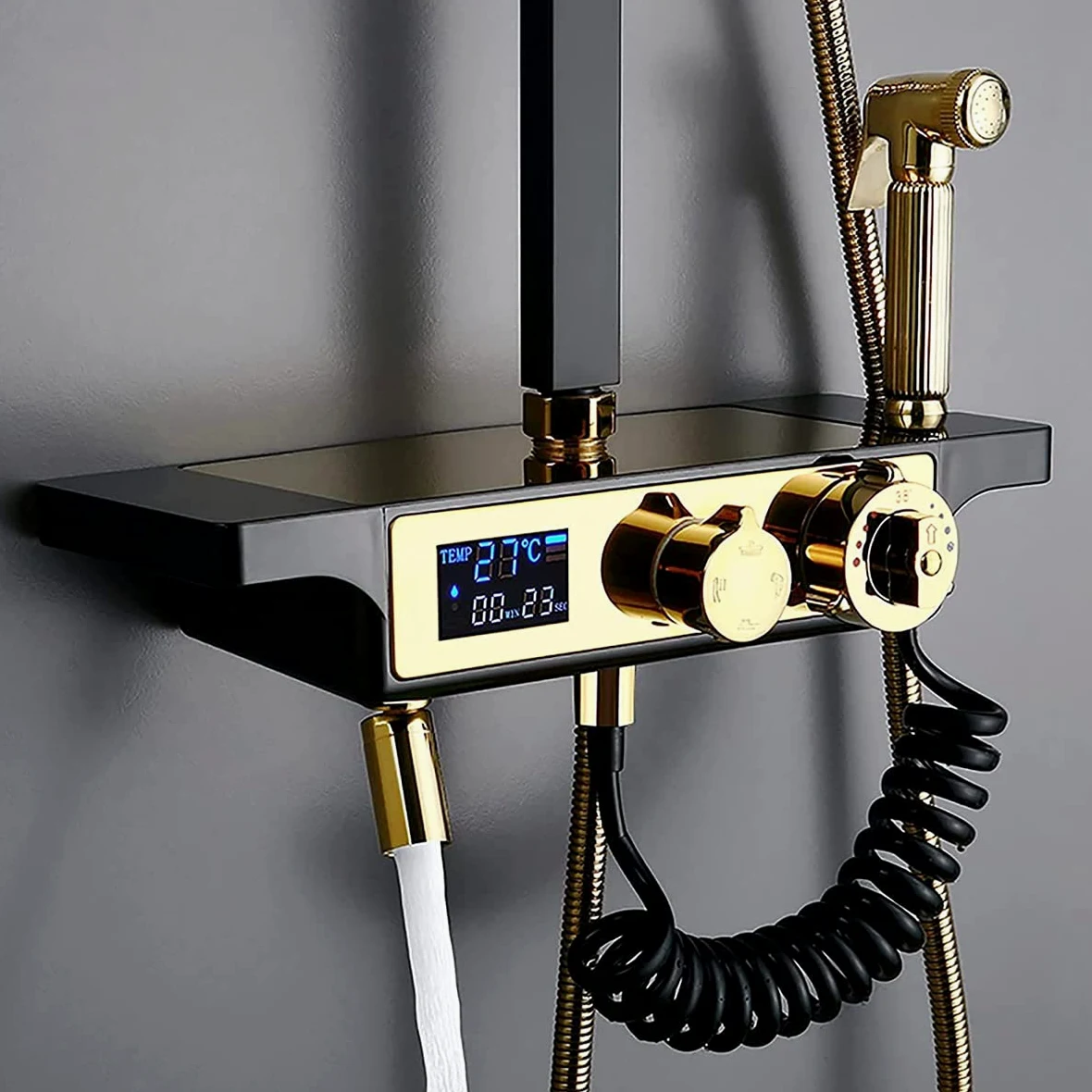 Sistema Doccia a Pioggia, Set termostatico Combinato, Rubinetto per Bagno in Oro e Nero con soffione a Pioggia, doccetta, Rubinetto per Vasca, doccetta Bidet, Display Digitale