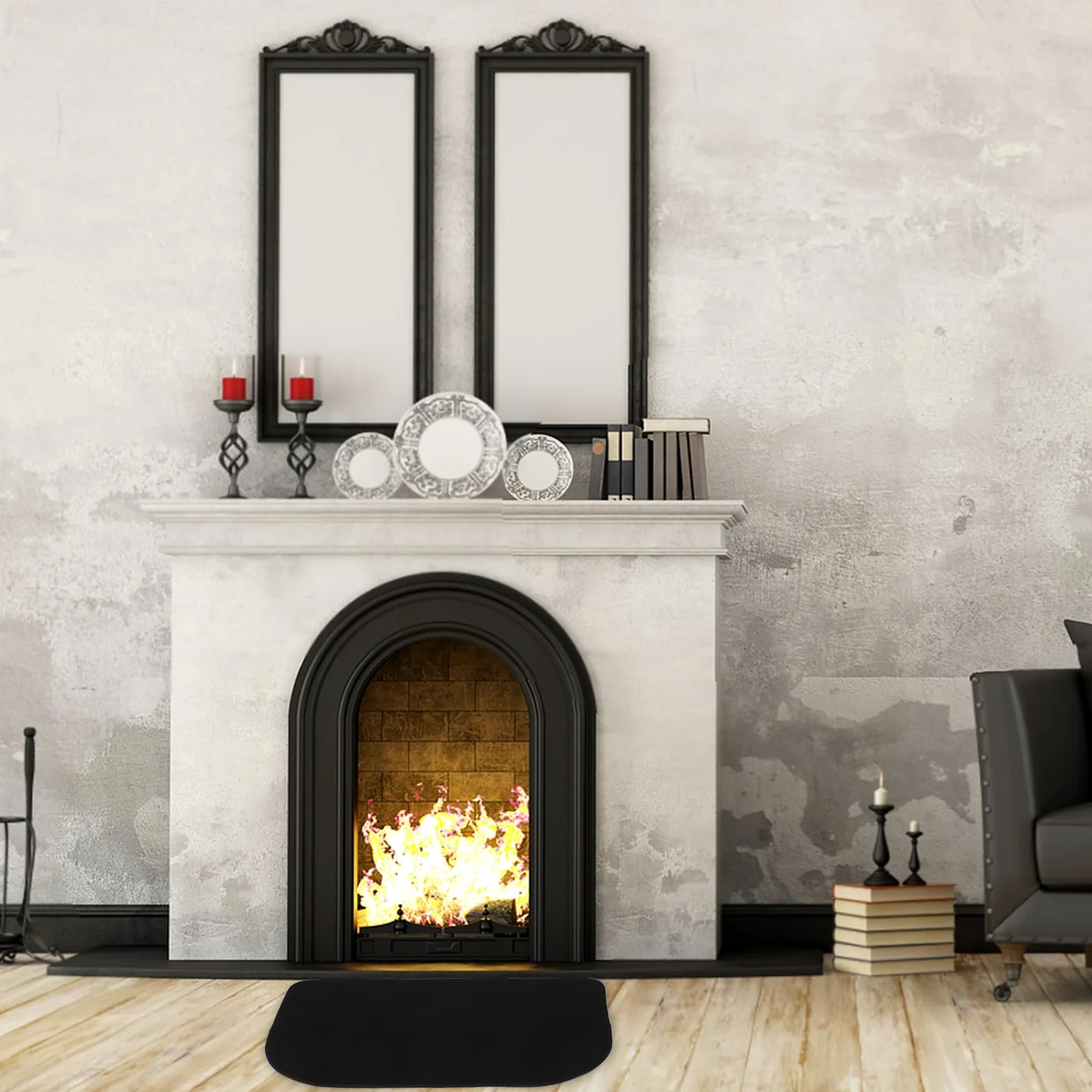 Levemolo Tappeto Ignifugo per Focolare a Forma di Mezza, Resistente al Calore, in Poliestere e Pvc, Protezione per Pavimenti Interni di Caminetti Moderni