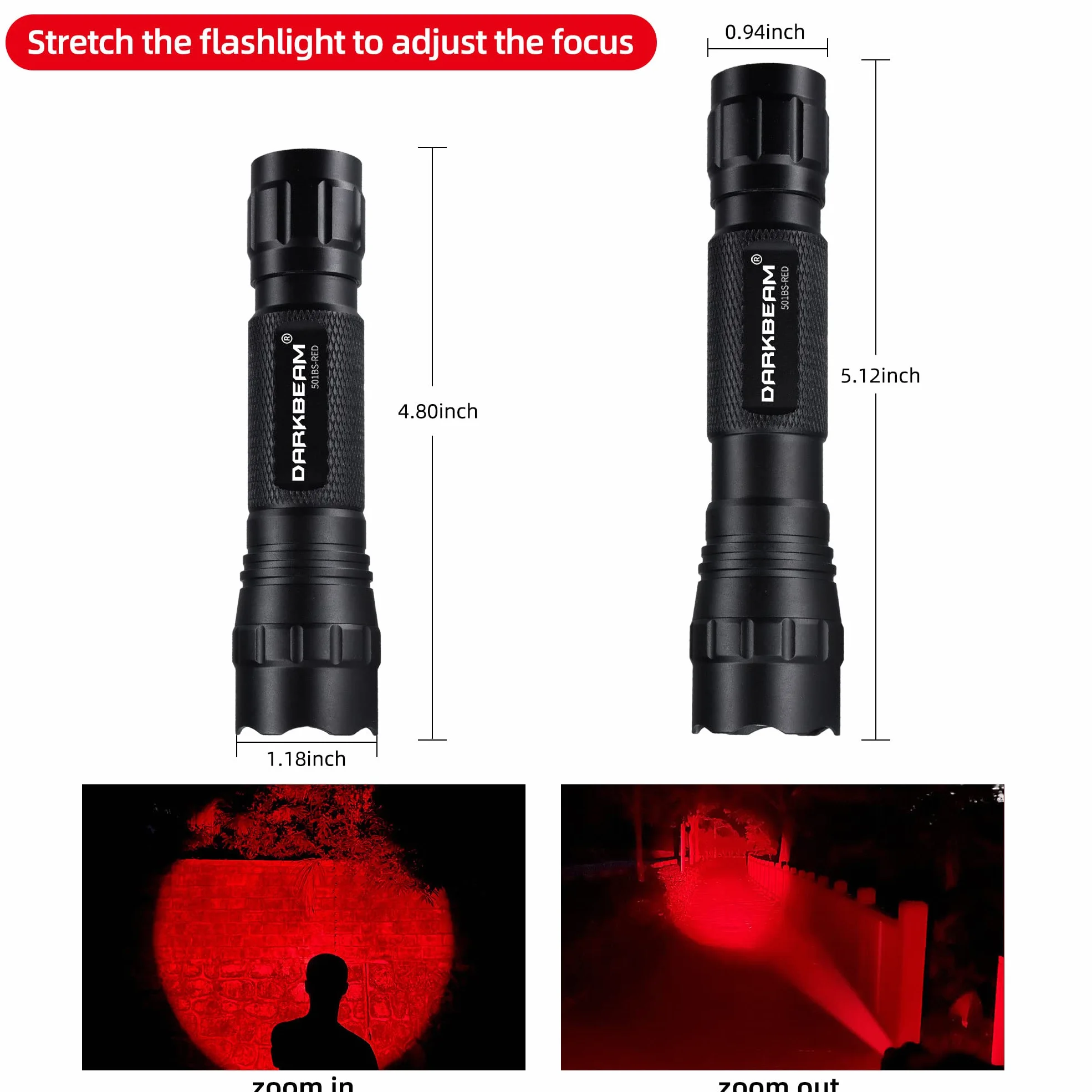 DARKBEAM Torcia a luce rossa luminoso LED USB ricaricabile, Torce rossa portatile zoom per caccia notturna, osservazione, pesca, astrofotografia, osservazione delle stelle, soccorso, con clip