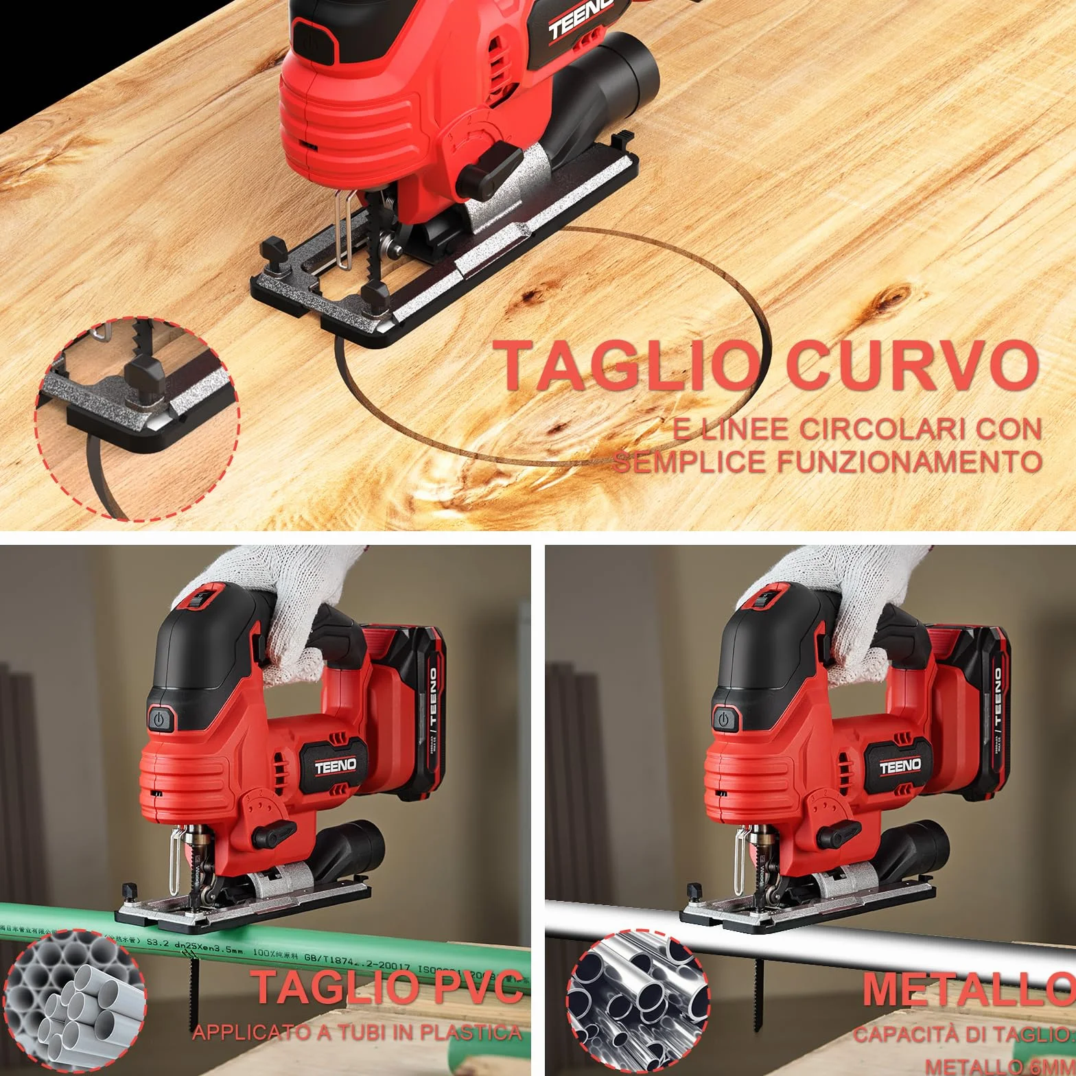 TEENO Seghetto Alternativo Senza Fili Per Batteria Makita 20V, Seghetto Alternativo laser 800-3000 SPM, 6 VELOCITÀ, LED, Angolo ±45°, 5 lame per Legno, Plastica, Metallo (Due Batterie, 2.0 AH)