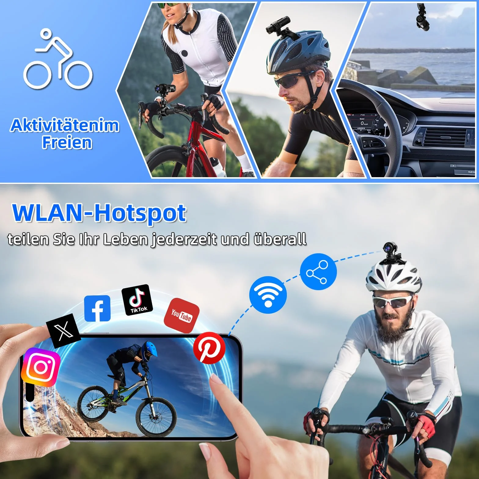 AIKER Dash cam Moto Professionale,Versione Aggiornata WiFi Action Cam IP66 Impermeabile,1080PHD&Angolo Ampio Di 120°Telecamera Moto,Regolazione Automatica Del Livello Dashcam Moto,Facile Da Collegare