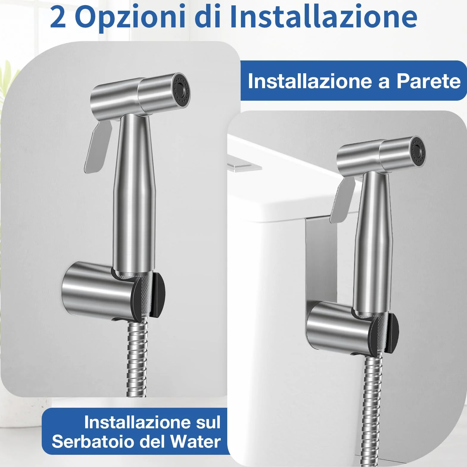 Set Doccetta per Bidet Idroscopino WC Tubo Flessibile 1,5m Supporto Adattatore Argento