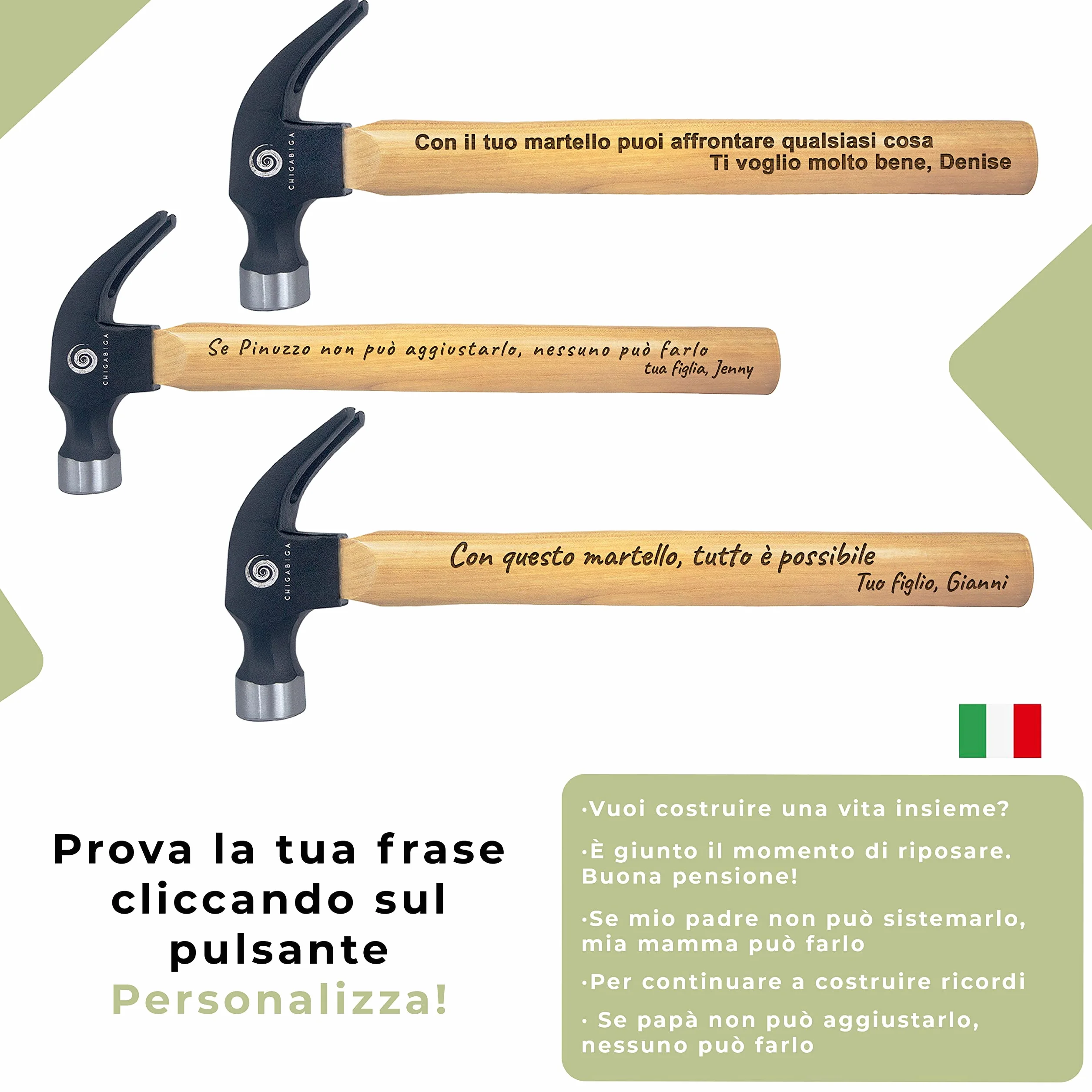 Martello PERSONALIZZATO con le tue stesse parole, regali originali per uomo, Natale, festa del papà, compleanno, fidanzato, San Valentino. Inciso a laser. Martelli da carpentiere di dimensioni reali