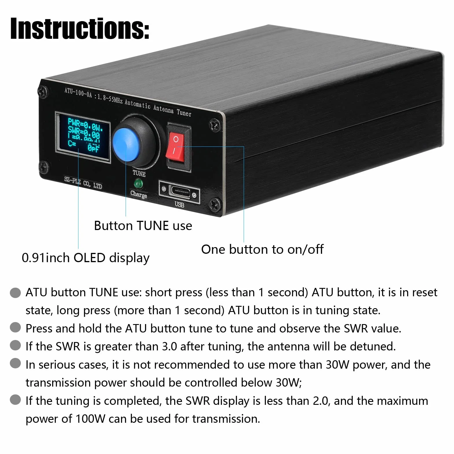 ATU-100-0A 1,8-55 Mini sintonizzatore automatico per antenna da 0,91 pollici, display OLED in lega di alluminio, alloggiamento esterno con batteria da 1800 mAh