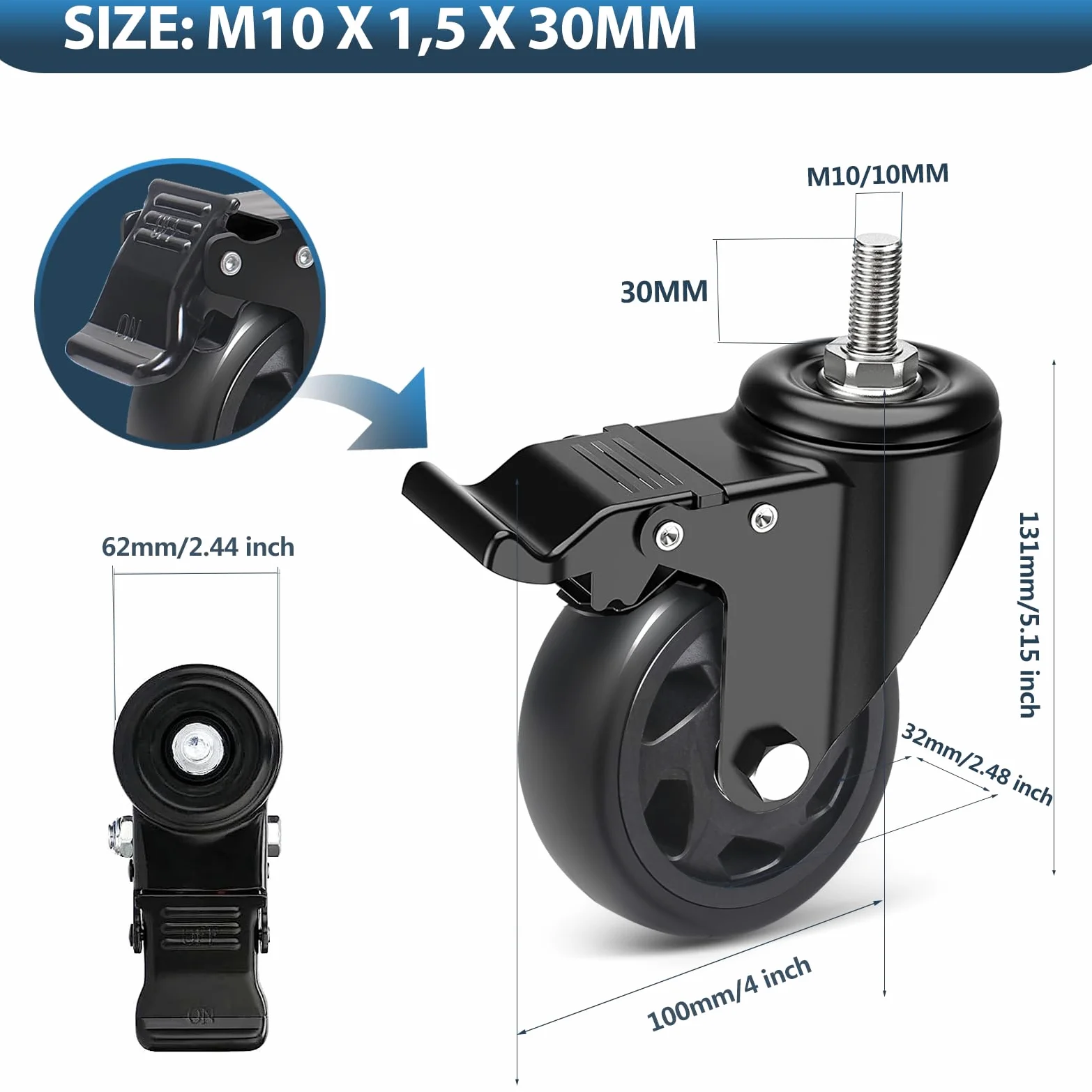 per carichi Pesanti Ruota con Freno, 100MM Mobili Ruote con M10 X 30mm Vite Perno, PU Ruote Ruote per Carrello con Bullone, 4 Filettato Ruote girevoli 360° Rotazione su a 550KG