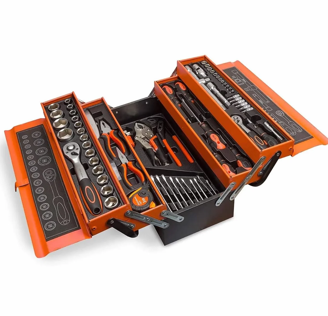 Cassetta Attrezzi Professionale in Metallo 85 Pezzi, Set Utensili Completo con Chiavi a Bussola, Cricchetto, Pinze e Cacciaviti, Arancione e Nero