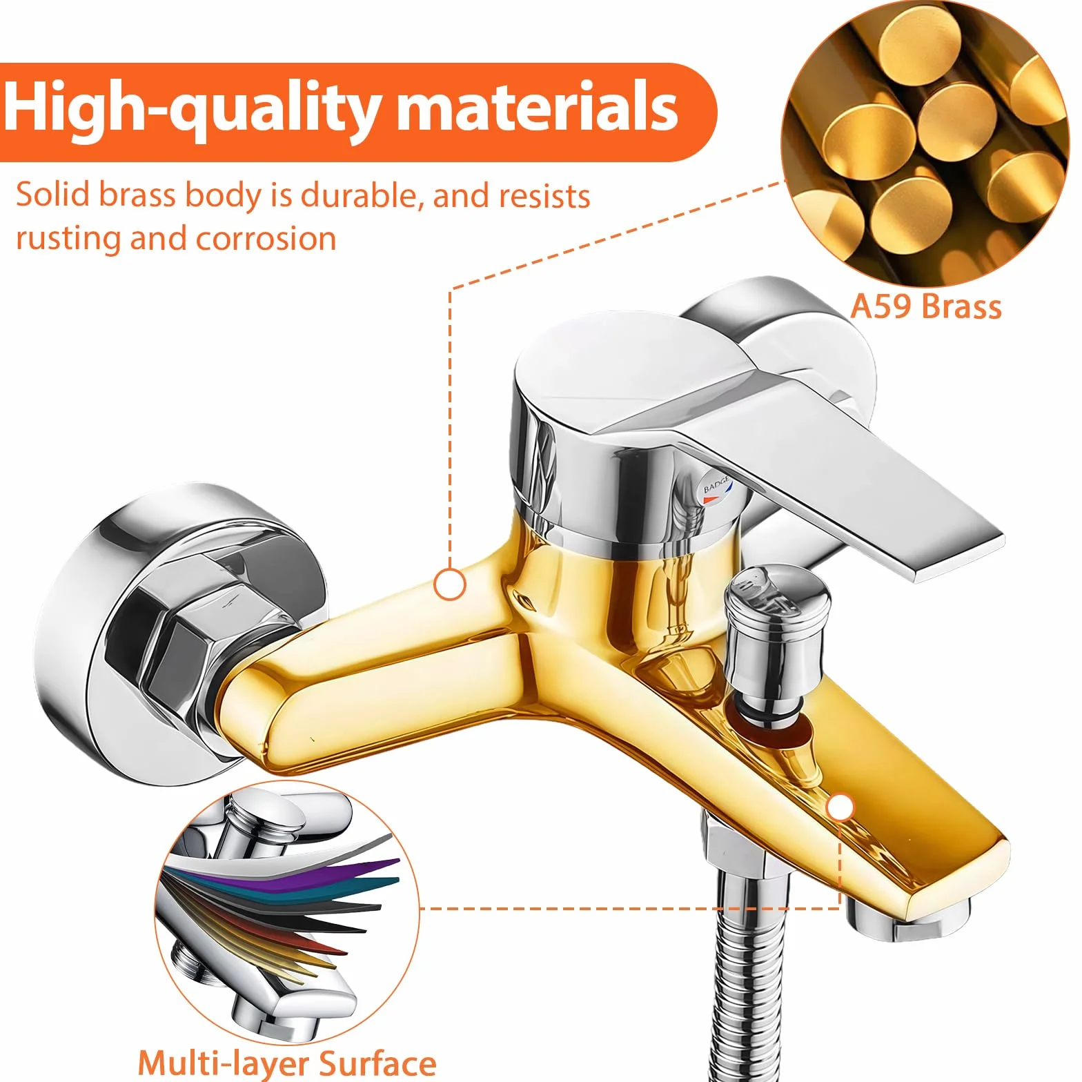 Rubinetto Vasca da Bagno a Parete, Miscelatore Monocomando in Ottone Cromato, Doppia Uscita Acqua, Installazione G1/2, Rubinetto per Bagno