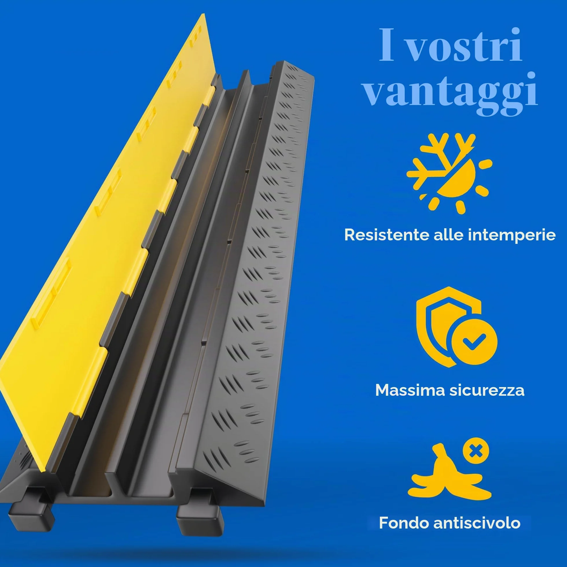 Ponte cavo 2 canali con coperchio, protezione urti 20 t, gomma 100 x 25 x 5 cm