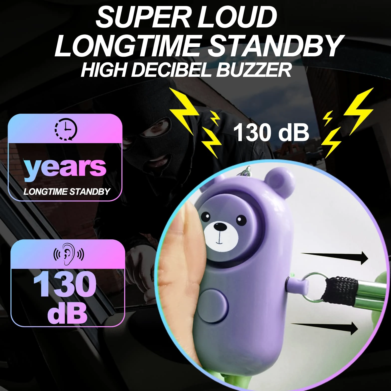 Allarme personale sicuro suono per donne bambini anziani, confezione da 2 simpatici 130dB sirena forte di sicurezza autodifesa con luce LED, portachiavi di sicurezza allarme di emergenza da solo