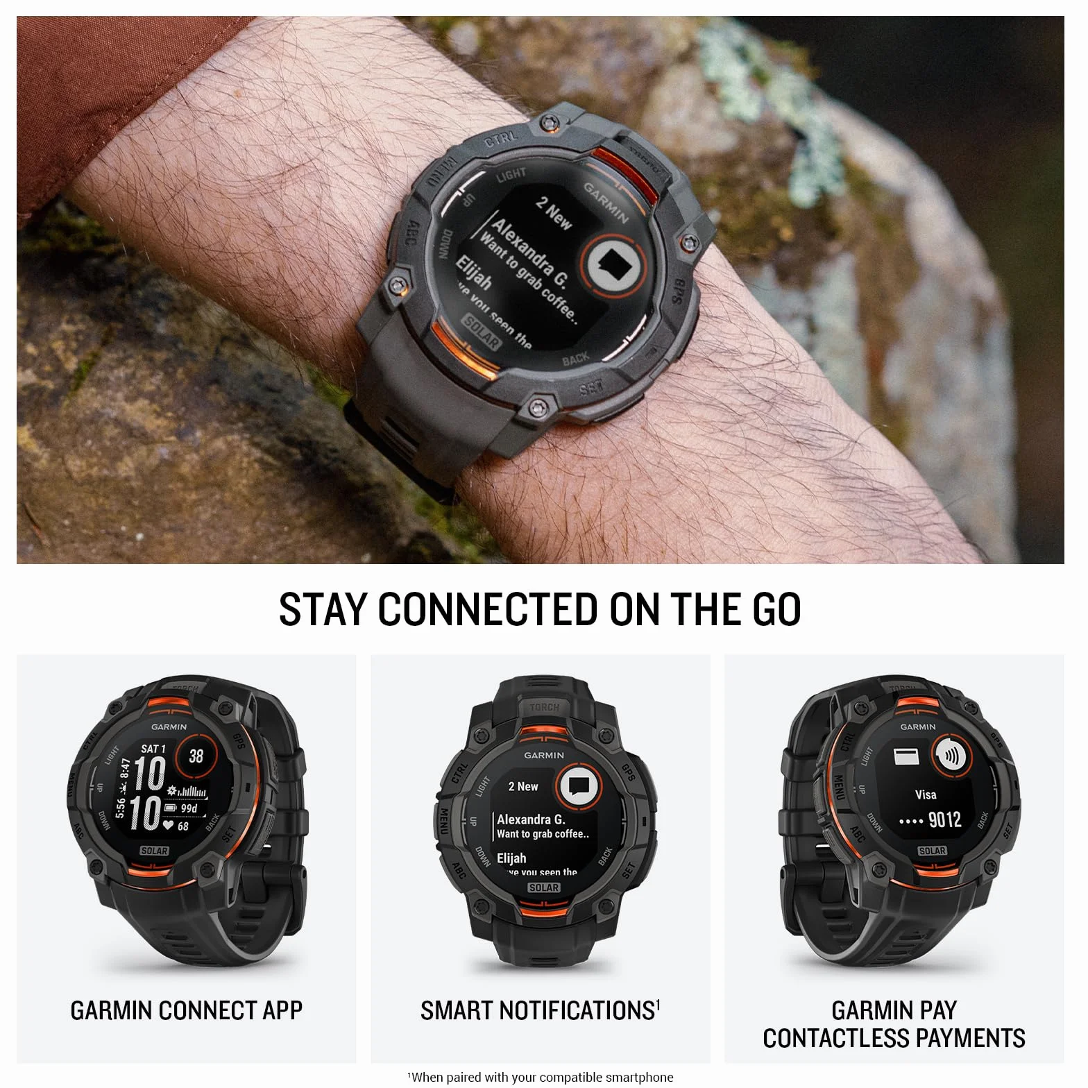 Garmin Instinct 3, Smartwatch, 45mm, Display SOLAR, Lunetta in alluminio, GPS Multi-band, 10ATM, Torcia LED, 90+ App per lo Sport, Pay, Connect IQ, Autonomia 28 giorni, Black Bezel