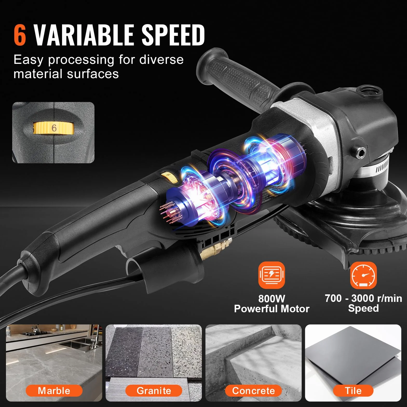 VEVOR Lucidatrice a Umido 800 W, 100 mm, 6 Velocità, 7 Tamponi, per Marmo Granito Pietra