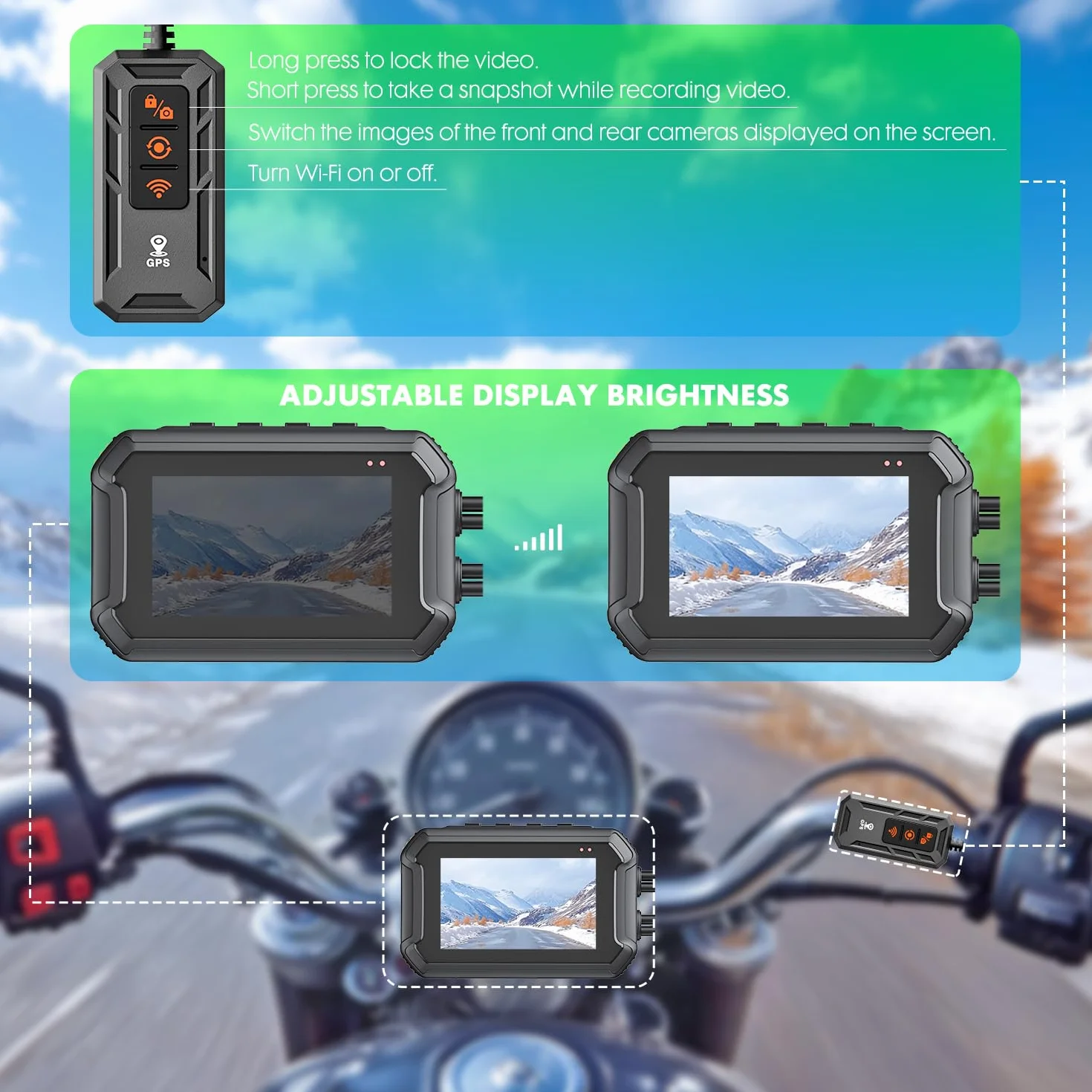 Dash Cam Moto, 1080P WDR Telecamera Anteriore e Posteriore, Dashcam Impermeabile con WiFi, GPS, Modalità Parcheggio, Telecomando Cablato, Schermo da 3", Scheda TF da 64 GB