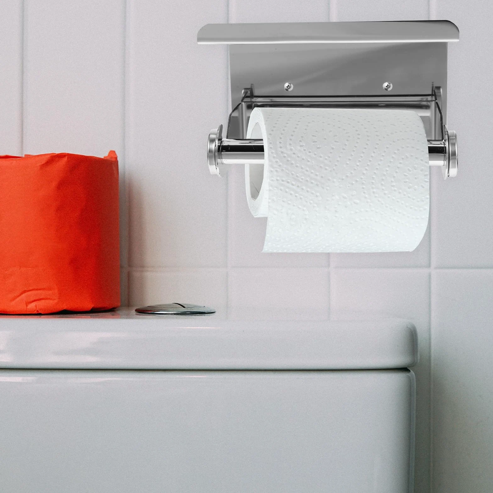 Portarotolo da Bagno in Acciaio Inox 304 con Ripiano | Montaggio a Parete, Finitura Argento, Uso per Hotel e Bagno di Casa, Struttura Anti-ruggine