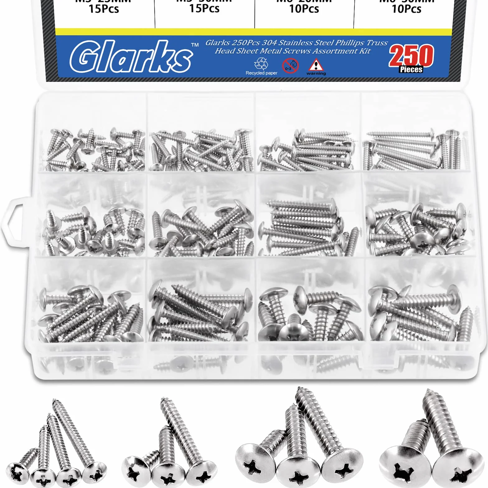 Glarks 250 pezzi M3 M4 M5 M6 Metrico 304 Acciaio Inox Phillips Truss Head Viti Assortimento