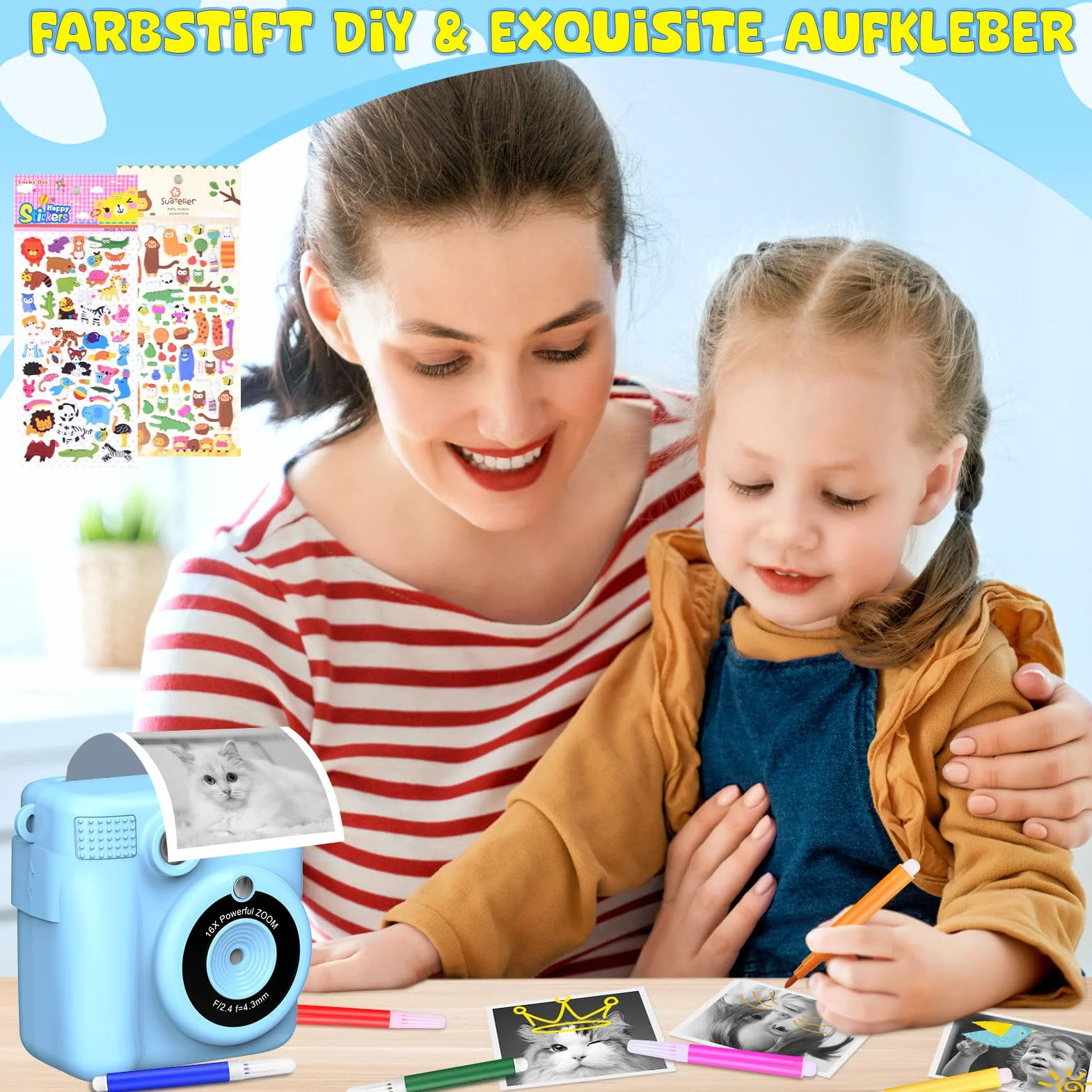 Fotocamera digitale per bambini, con stampa istantanea, 1080P, in bianco e nero, per foto (blu)..