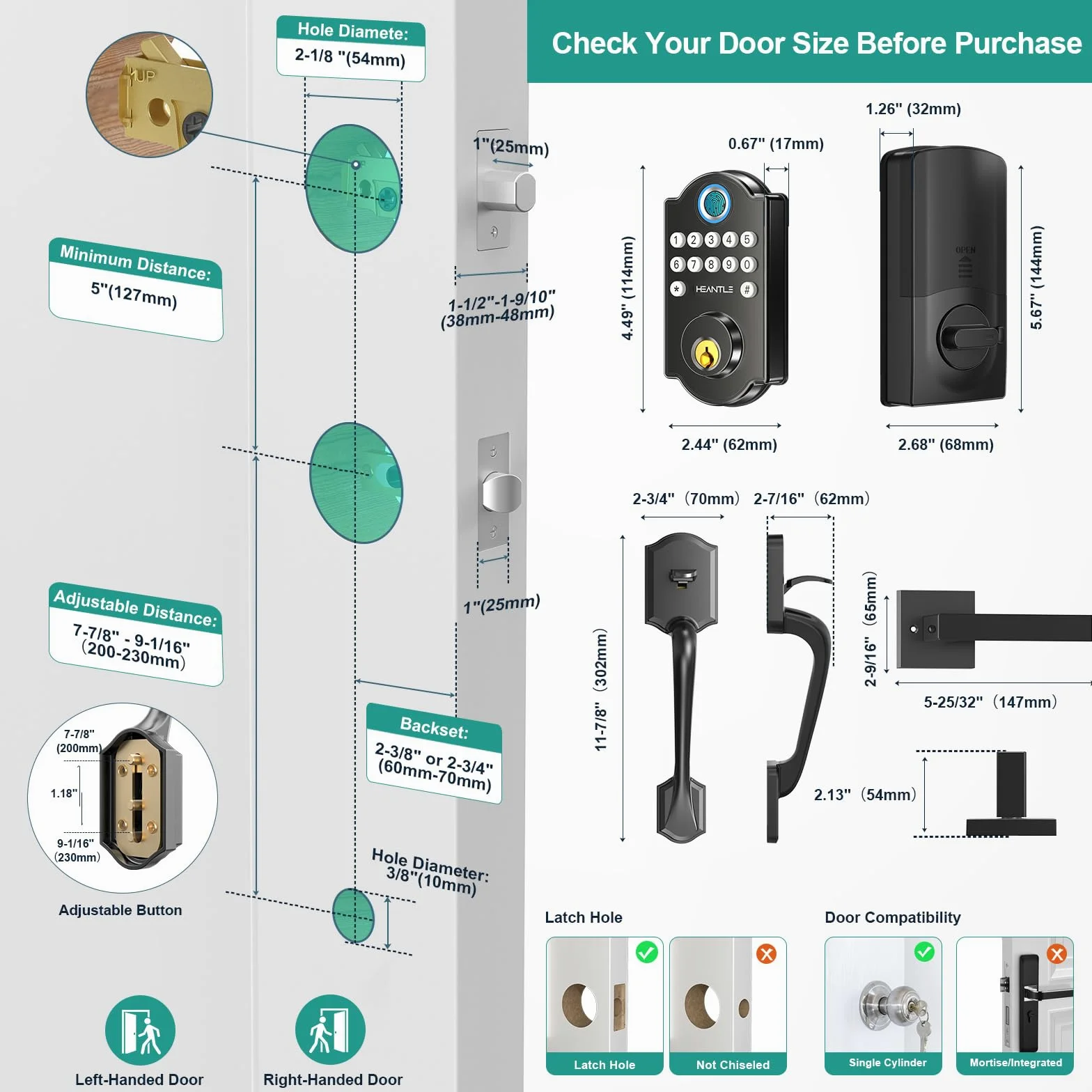 Set di serrature smart WiFi: HEANTLE Keyless Entry Serratura per porta d'ingresso, tastiera digitale elettronica con impronte digitali, chiavistello con maniglie, app telecomando, Alexa Voice