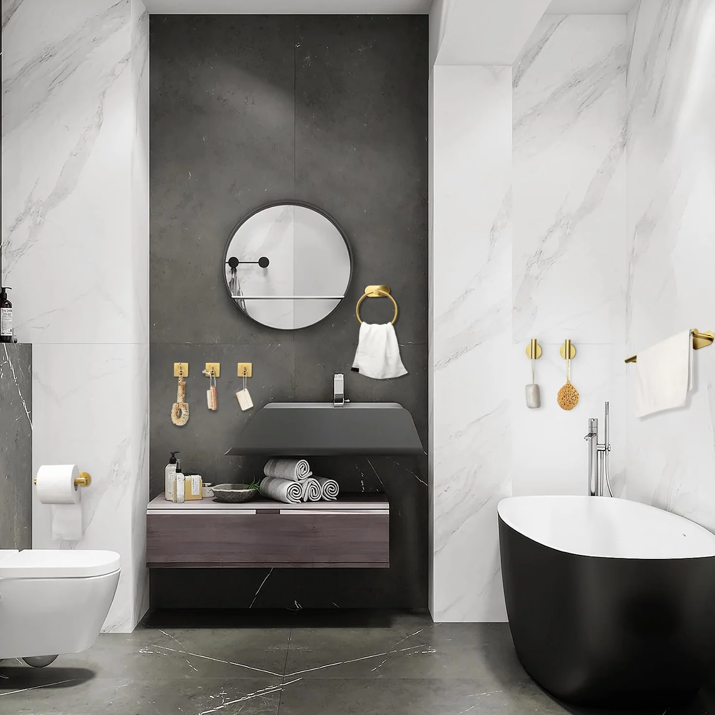 Set Porta Asciugamano 8 Pezzi Acciaio Inox Autoadesivo a Parete Bagno Cucina Oro