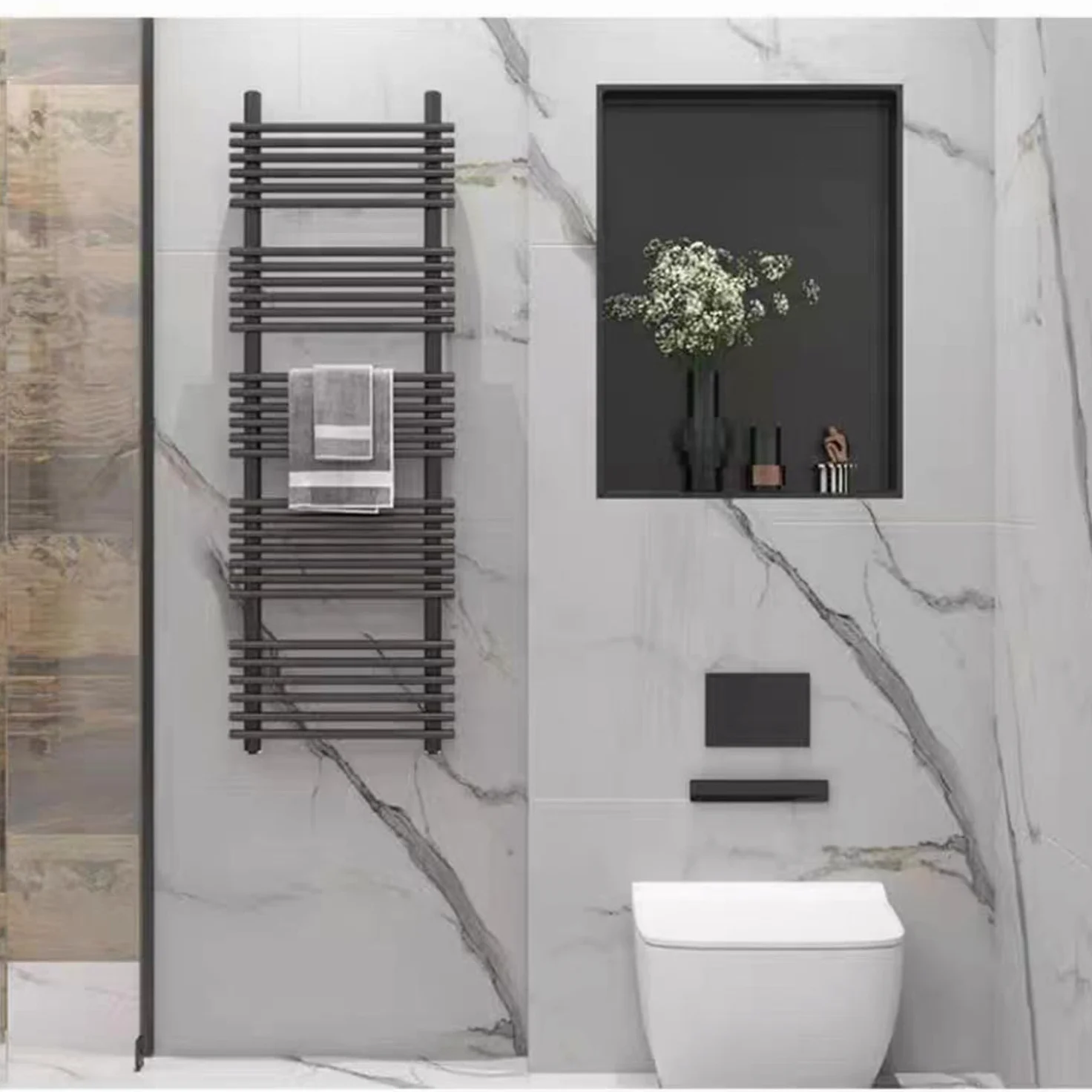 Mensola da parete per doccia in acciaio inox senza trapano, 320 x 320 x 125 mm, finitura nera, ideale per l'organizzazione del bagno e soluzioni di archiviazione, resistente alla ruggine, design