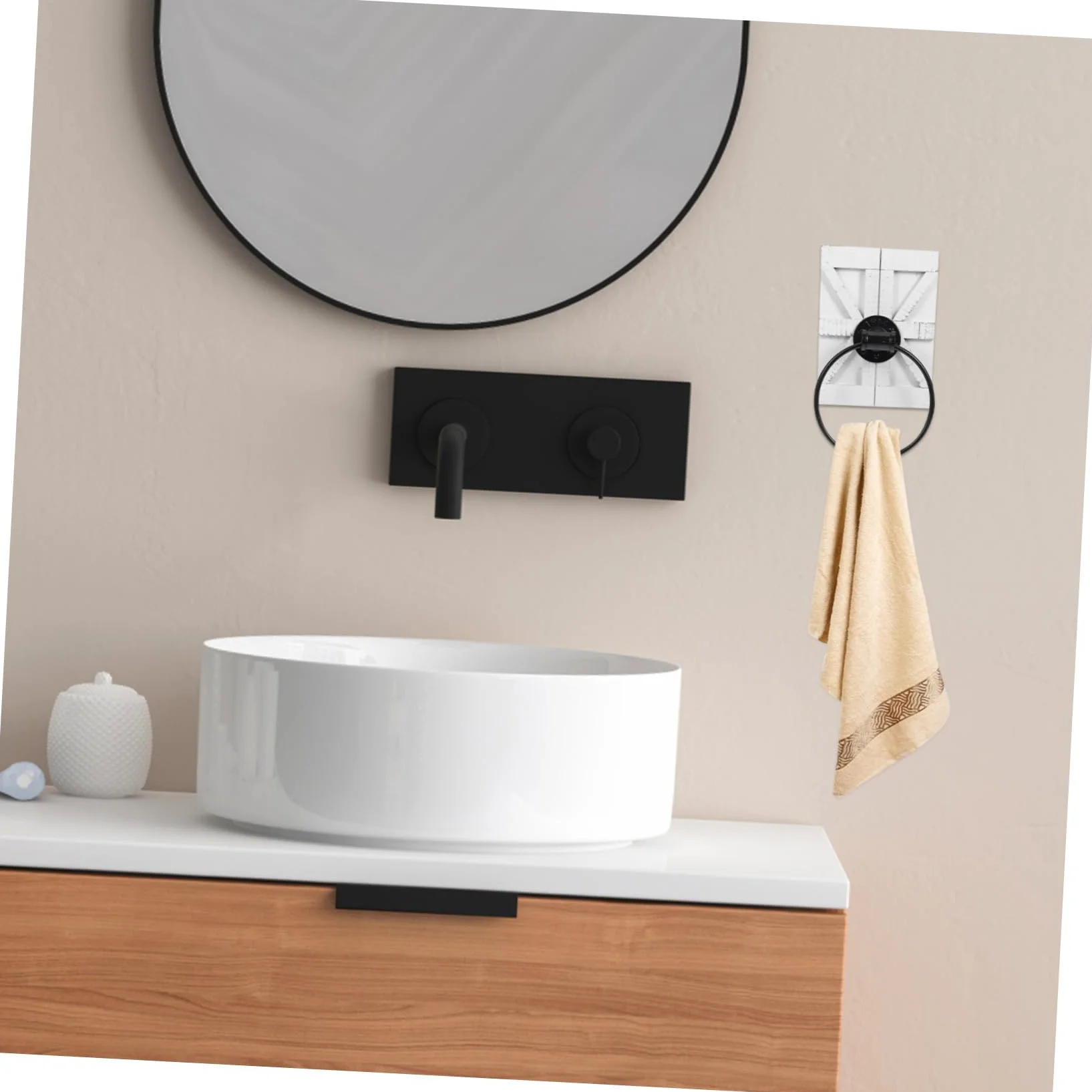 Anello Portasciugamani da Parete Bianco in Ferro con Supporto in Legno | Uso Cucina e Bagno, Montaggio a Muro, Design Europeo Vintage con Finitura Rustica