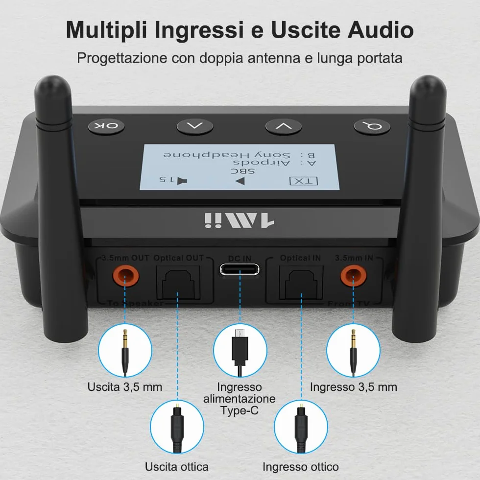 1Mii B03+ Trasmettitore Ricevitore Bluetooth per TV Stereo, Adattatore Bluetooth 5.3 Lungo Raggio per Audio TV con Schermo, aptX Low Latency & HD & Adaptive, Ottico RCA AUX 3,5mm Ingressi/Uscite