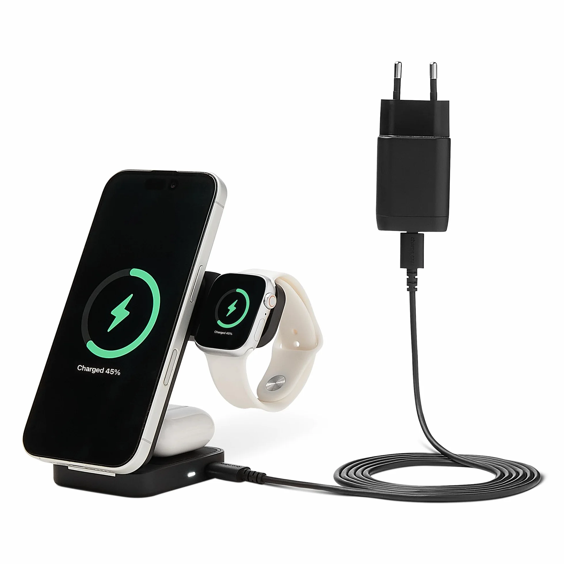 Amazon Basics, Stazione di ricarica wireless 3 in 1 con certificazione Qi2.2 da 25W supporto pieghevole compatibile MagSafe per iPhone 17/16/15/14/13/12,Apple Watch,AirPods,con adattatore da 45 W,Nero