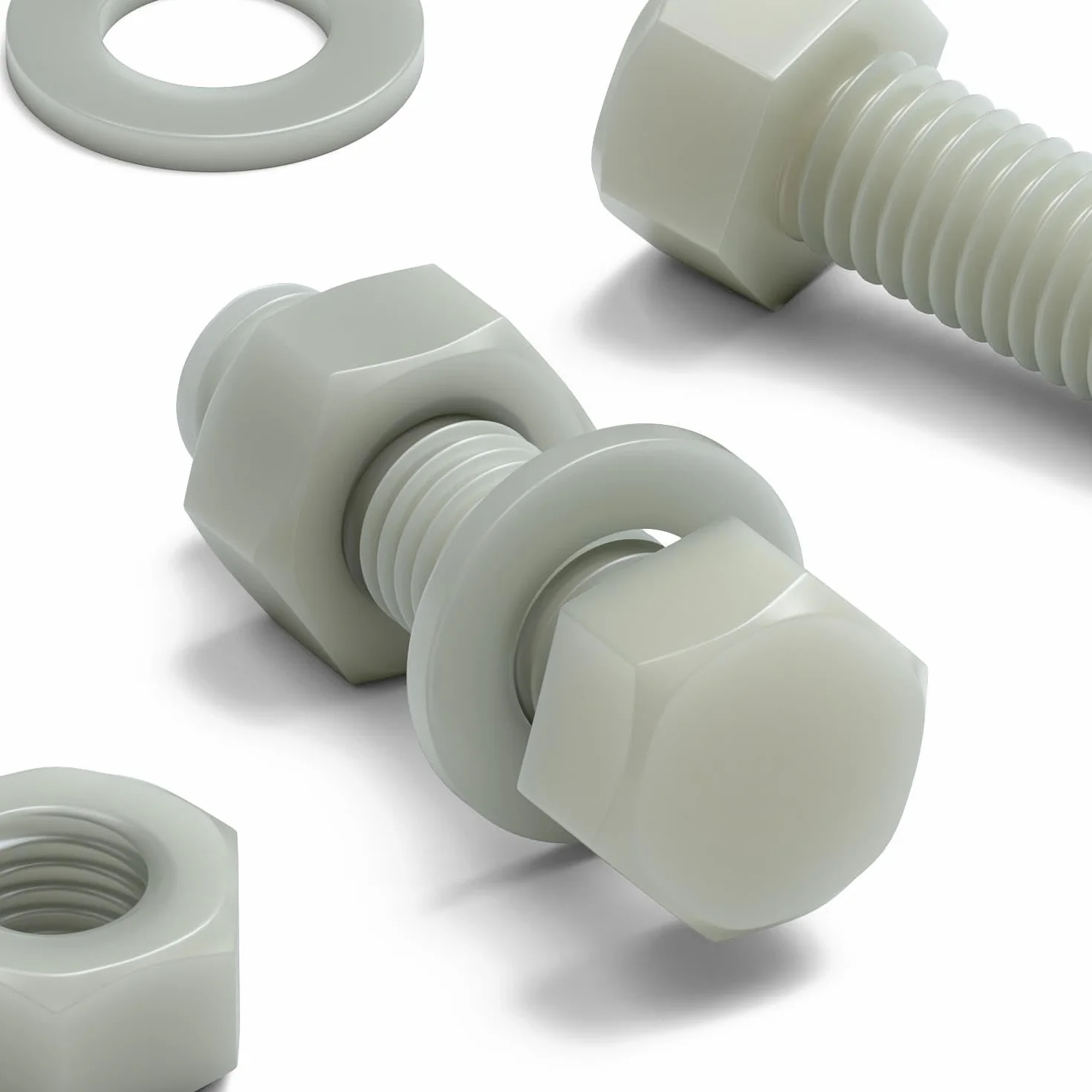 Viti M8 x 30mm Testa Esagonale in Super Nylon Rinforzato con Vetro, Dadi e Rondelle in Plastica