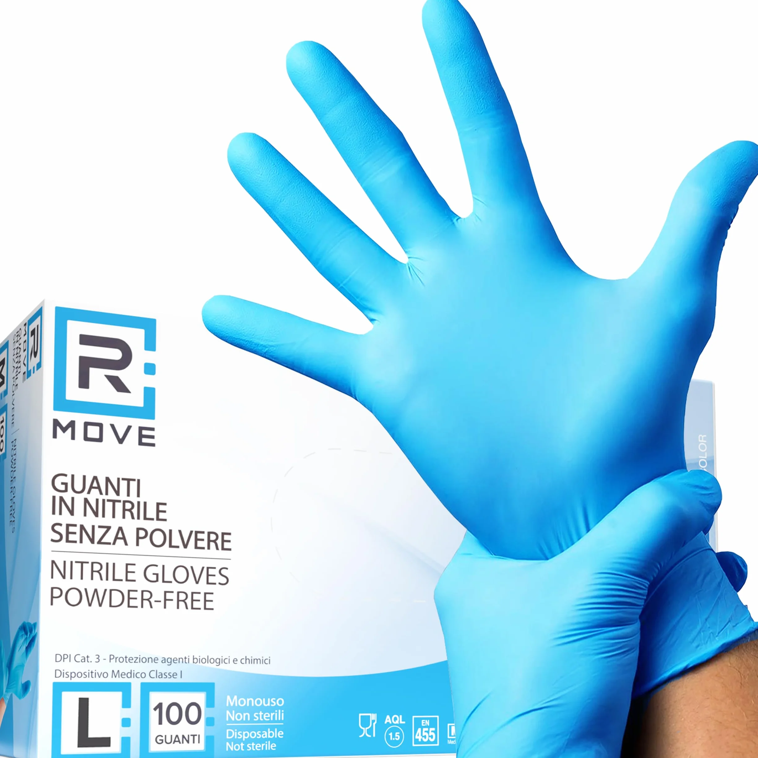 R MOVE 100 guanti in nitrile monouso blu L senza polvere usa e getta per alimenti non sterili ipoallergenici