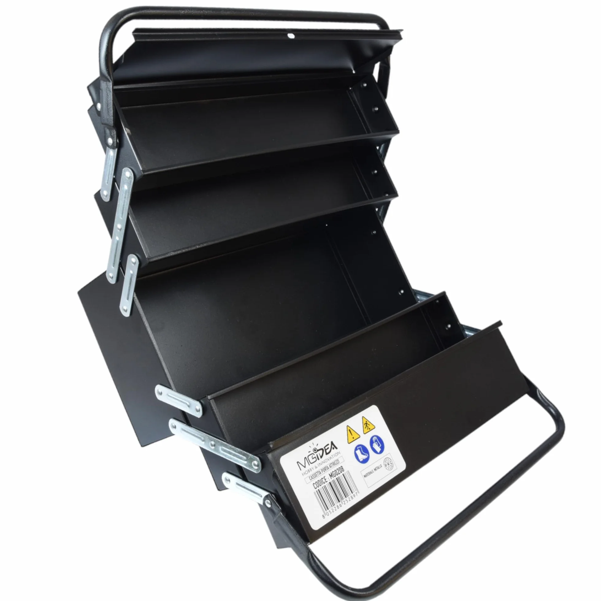 Valigetta porta attrezzi in metallo 5 scomparti acciaio nero opaco professionale 470x300x200 mm