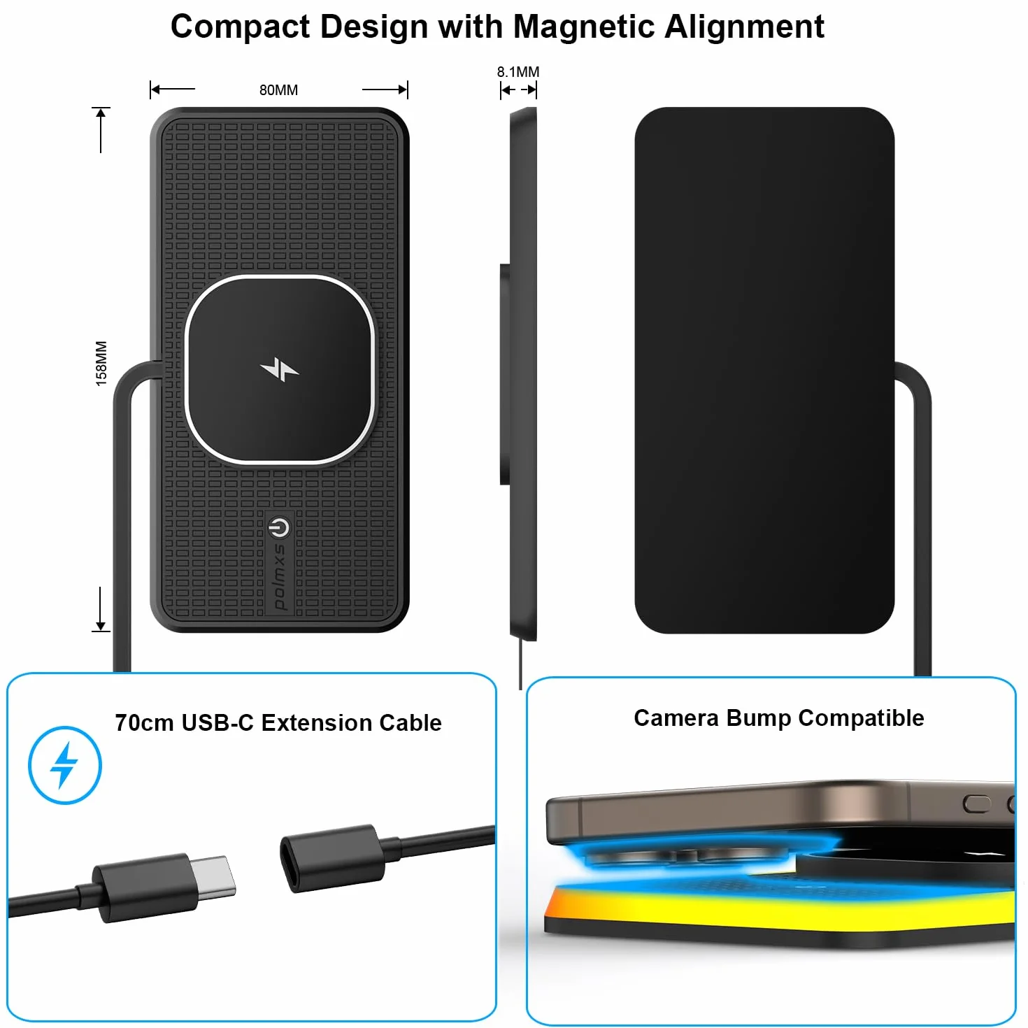 Tappetino di Ricarica Wireless Auto RGB per MagSafe, Polmxs Caricatore Wireless Auto Magnetico da 15W con LED, Cavo da 30cm + Prolunga da 70cm Compatibile con iPhone 16–12 Pro, AirPods (K1MAG)