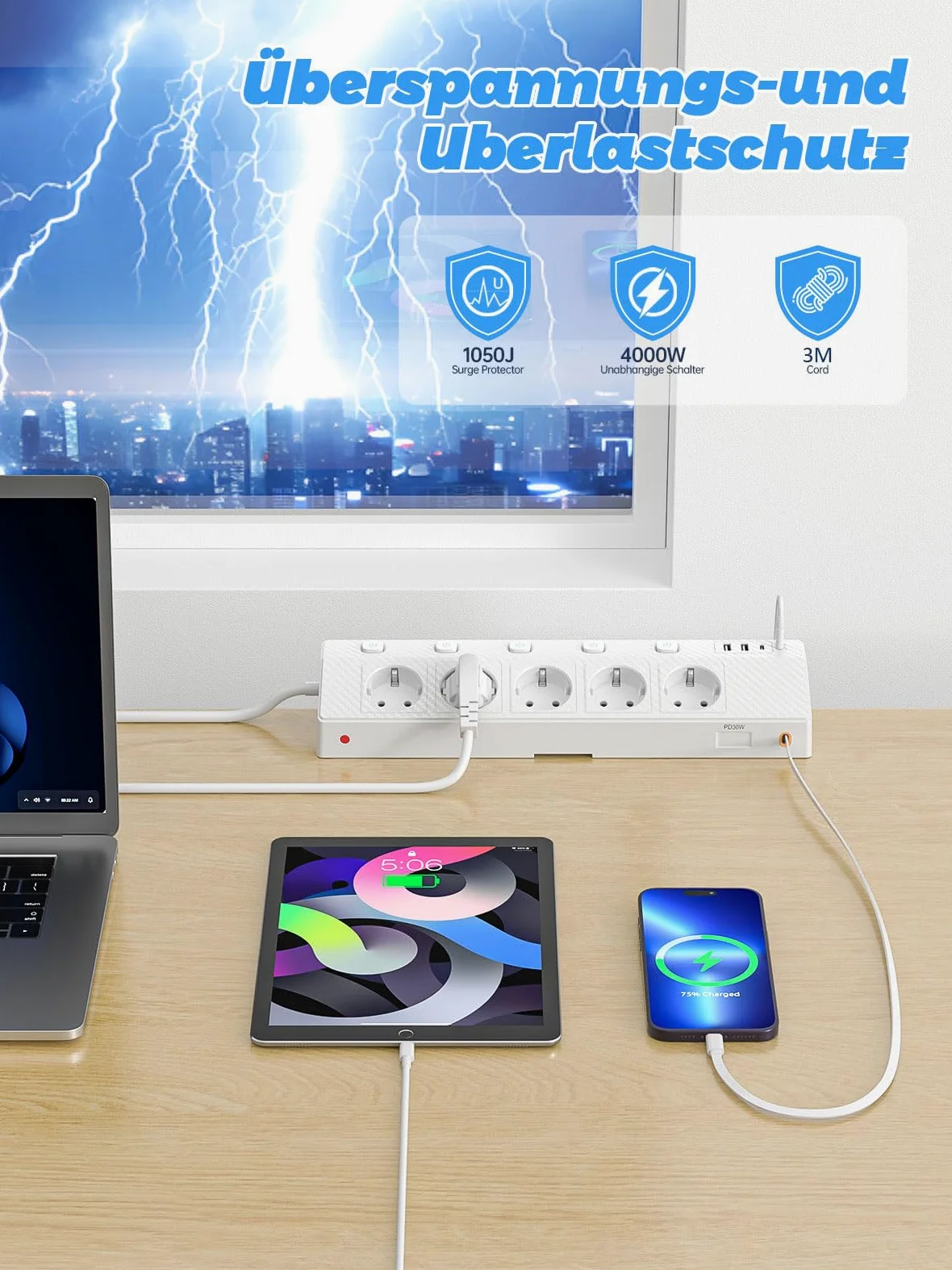 Ciabatta elettrica da tavolo con morsetto USB PD 30 W, 5 prese, multipresa da scrivania con protezione da sovratensione e commutabile singolarmente, presa angolare 10 in 1 con cavo da 3 m, bianco