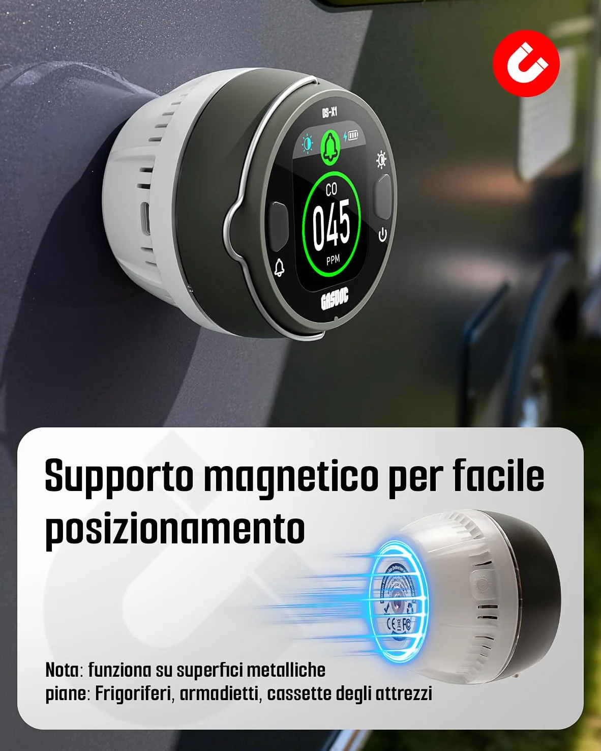 GasDoc DS-X1 Rilevatore Portatile di Monossido di Carbonio con Luce Ambientale, Rilevatore CO con Magnetico e Gancio, Monitor CO da Viaggio con Allarme Sonoro e Visivo per Campeggio, Camper e Auto