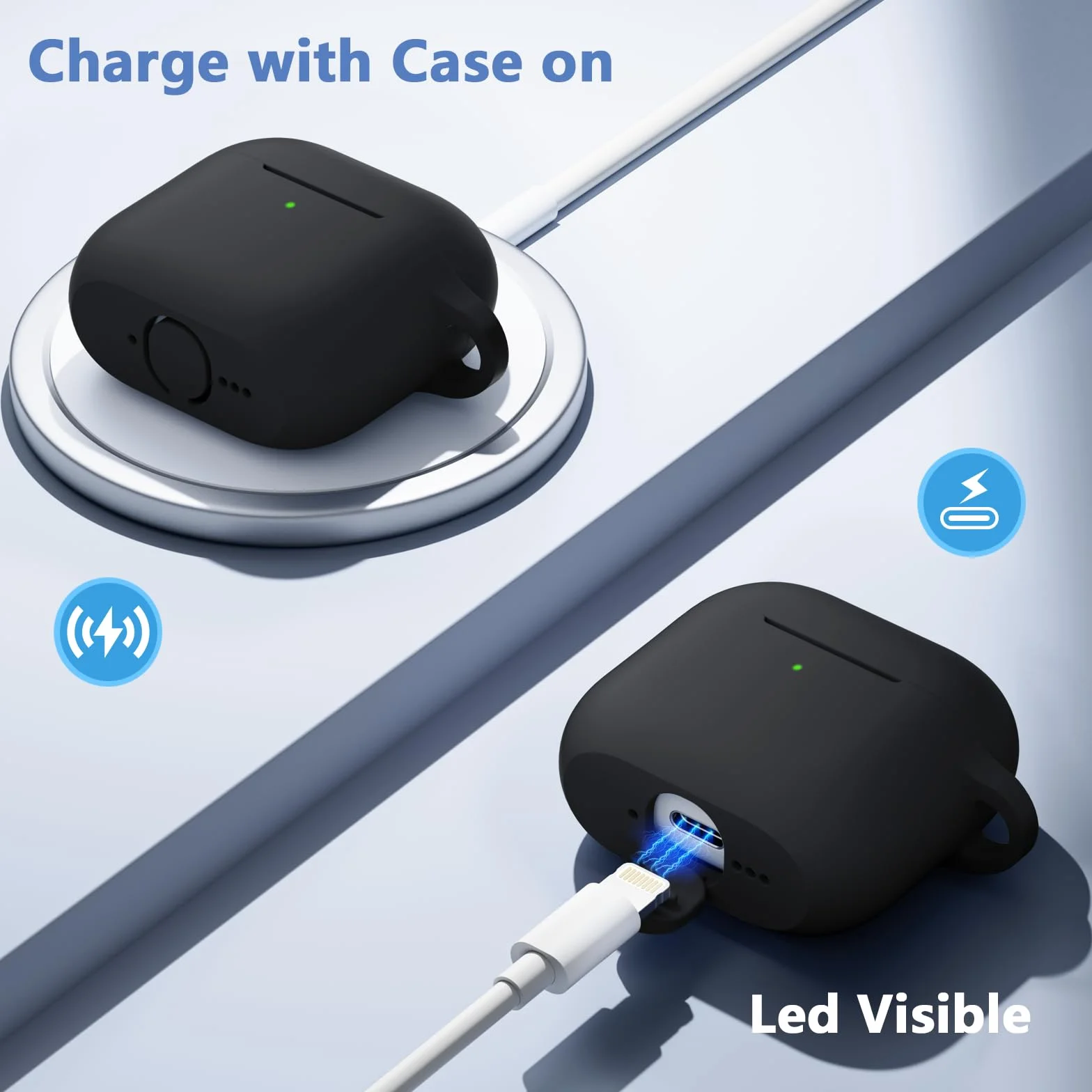 Maledan Cover Compatibile con AirPods 4 2024 Custodia, Case Protettiva Antiurto in Silicone Morbido per Apple AirPods 4 Generazione Custodia con Kit di Pulizia e Moschettone [LED visibile],Nero
