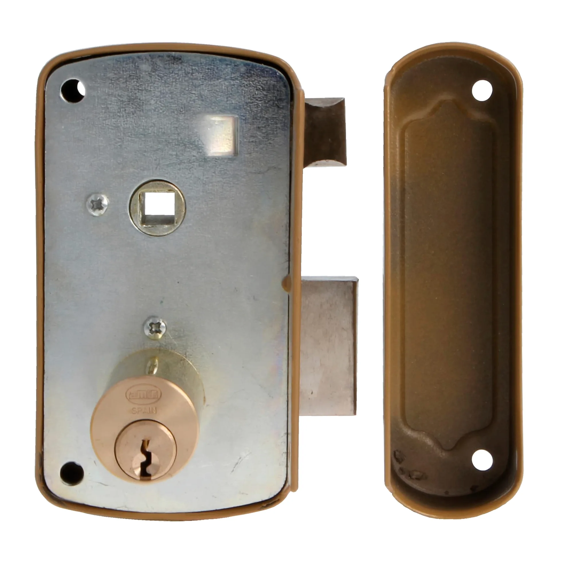 Amig - Serratura da sovrapposizione a sinistra con leva di chiusura, linguetta e maniglia per porte in legno mod. 75UN 66 x 120 mm Cilindro rotondo di sicurezza in acciaio dorato