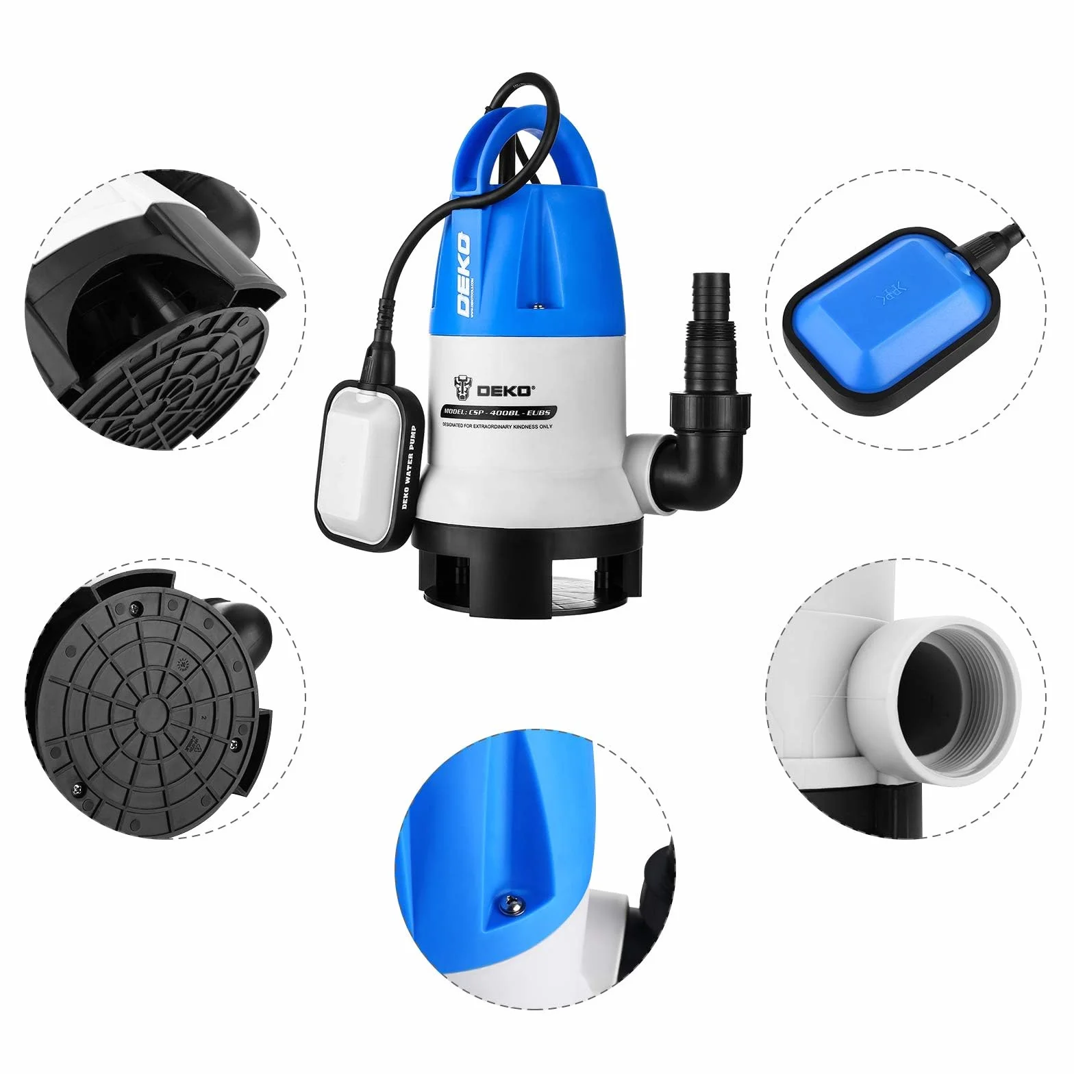 DEKO Pompa sommergibile portatile 400W 8000L/H Pompa acqua pulita/sporca Piscina Vasca da giardino Scarico per laghetto con interruttore a galleggiante e cavo lungo 10 m Blu
