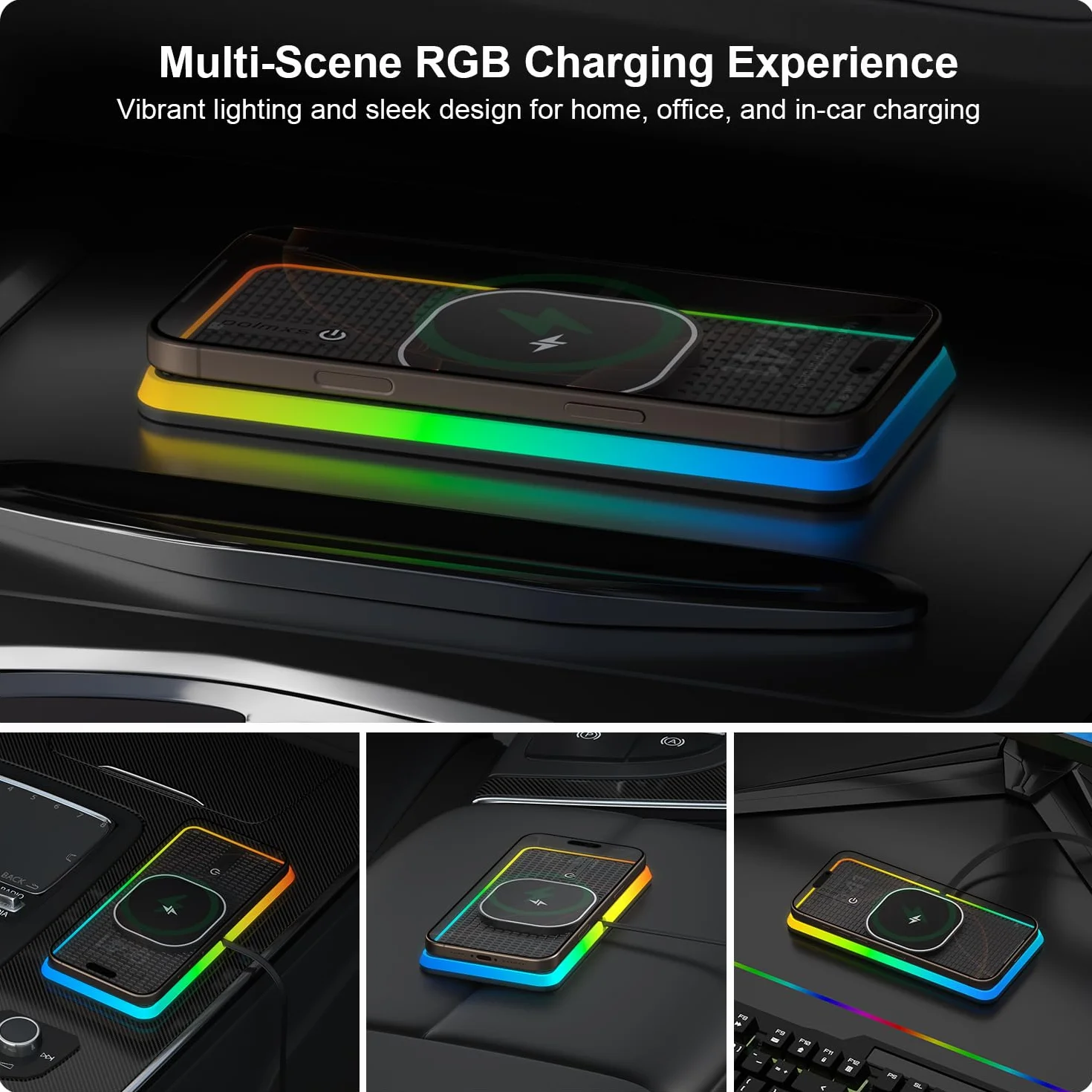 Tappetino di Ricarica Wireless Auto RGB per MagSafe, Polmxs Caricatore Wireless Auto Magnetico da 15W con LED, Cavo da 30cm + Prolunga da 70cm Compatibile con iPhone 16–12 Pro, AirPods (K1MAG)