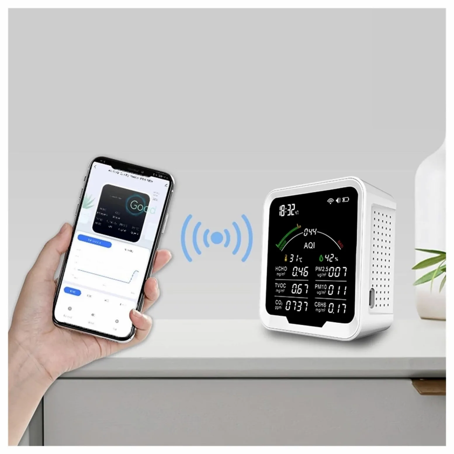 Misuratore di qualità 'aria portatile HCHO/TVOC/CO2/PM2.5/PM10/AQI/C6H6 Tester umidità a temperatura Rilevatore anidride carbonica con schermo da 4.8 pollici,Alta Precisione