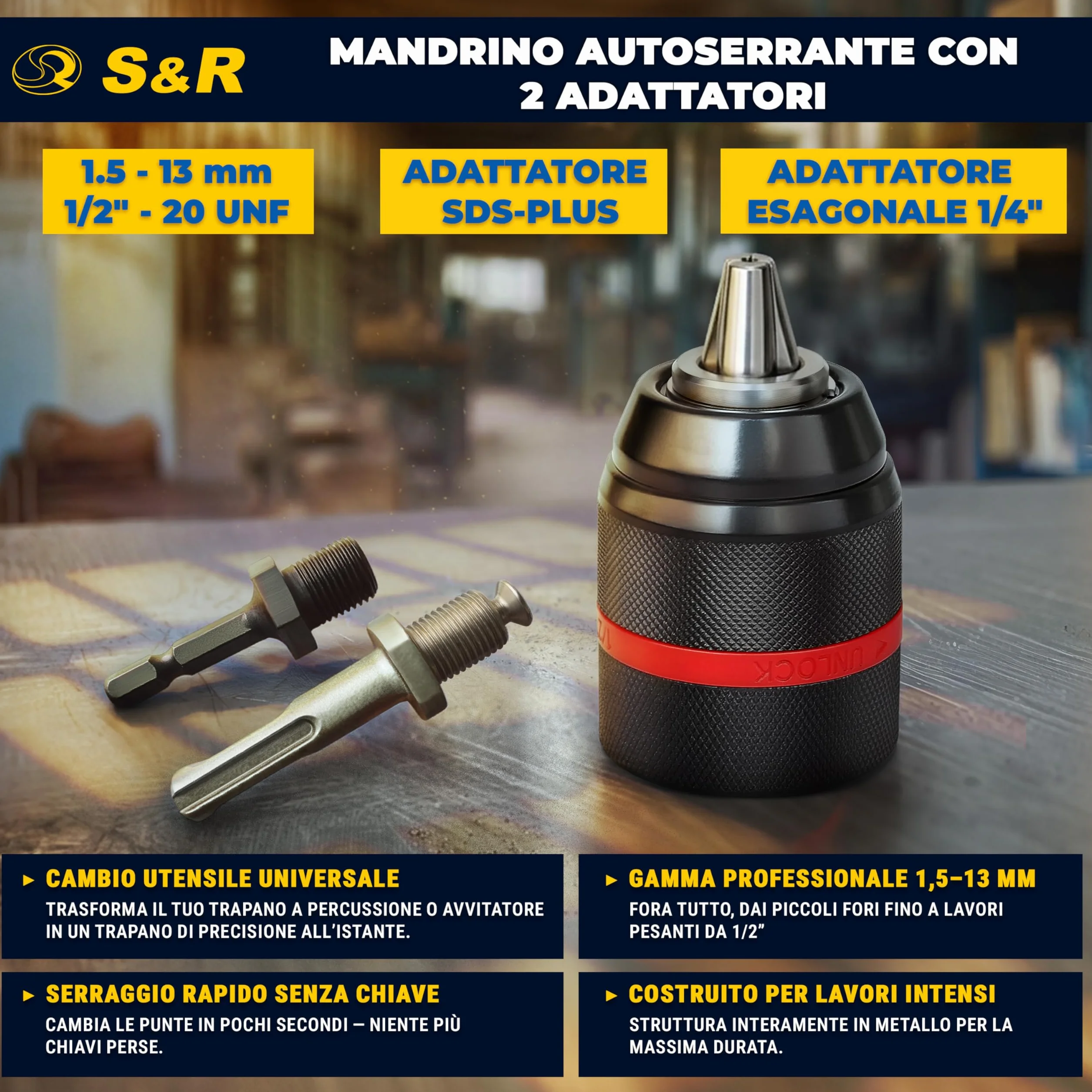 S&R Mandrino Trapano Autoserrante SDS-Plus 1.5-13 mm 1/2"-20UNF M12 Adattatore 1/4" Esagonale